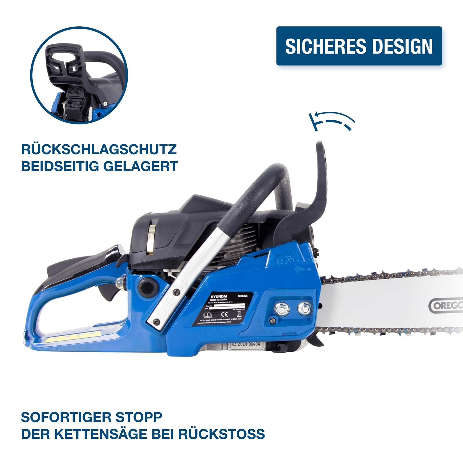 Blaue Kettensäge mit silbernem Schwert und Kette. Text über Sicherheit.