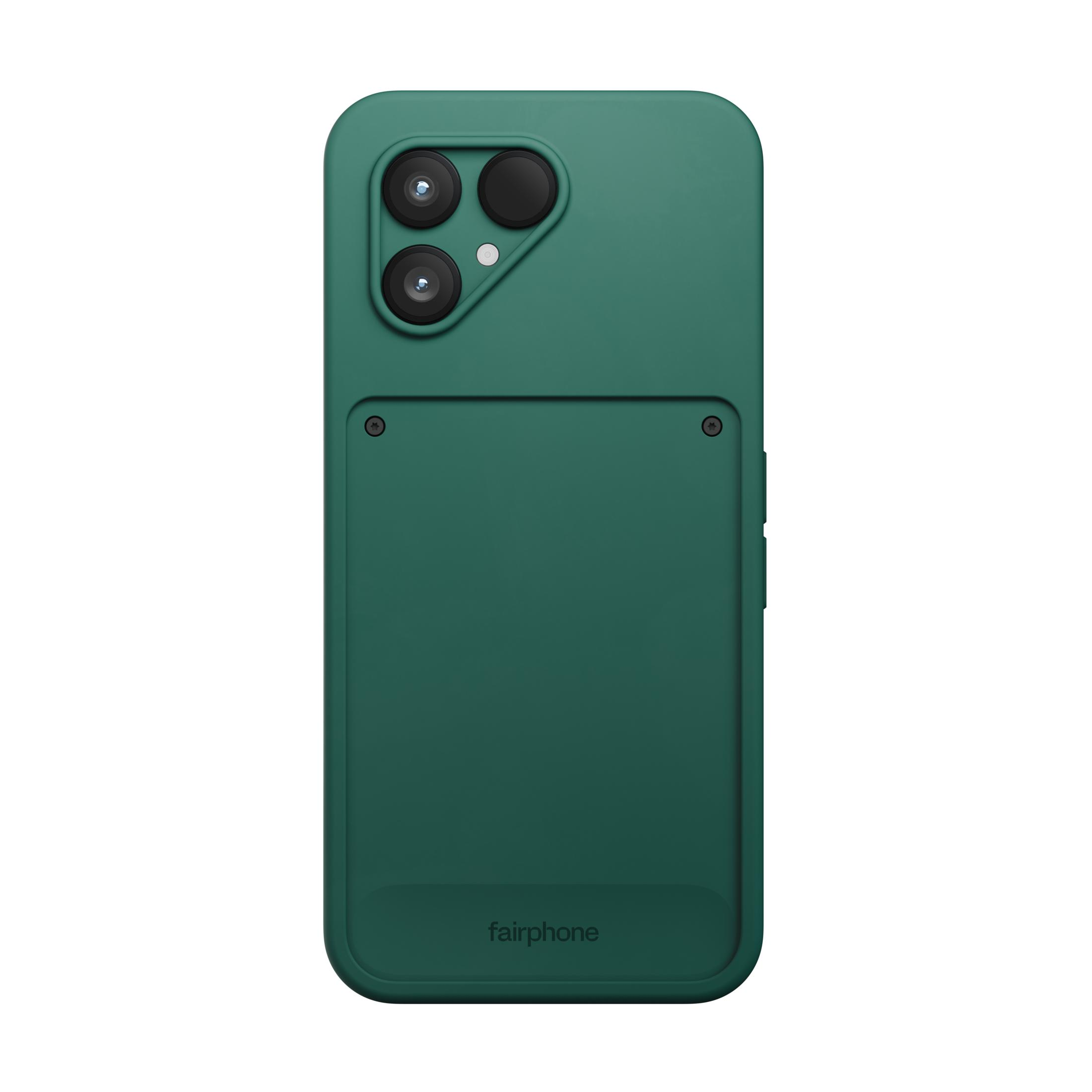 Retro di una custodia verde Fairphone con tre obiettivi e il logo Fairphone.
