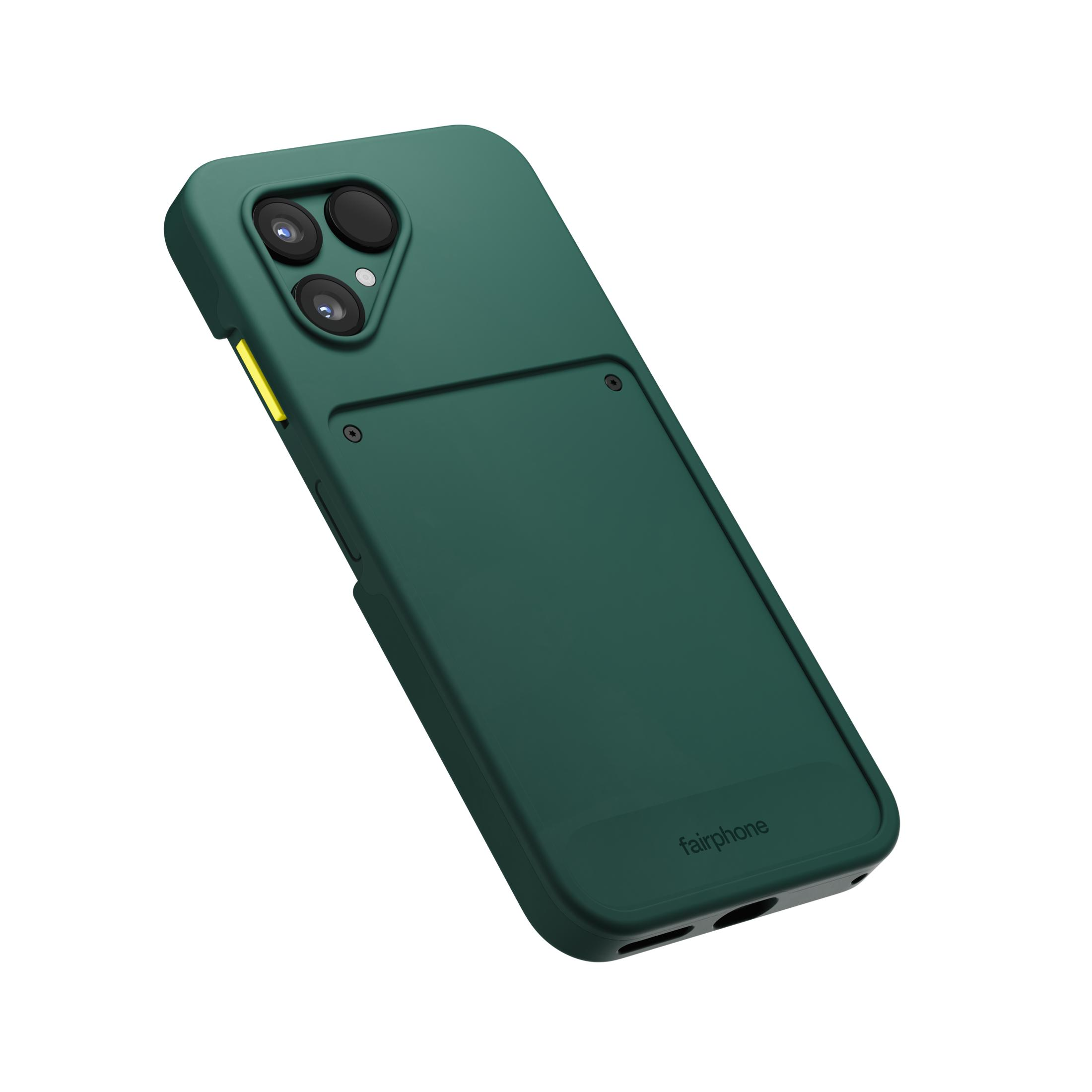 Custodia verde scuro per telefono con tre fotocamere e logo Fairphone.