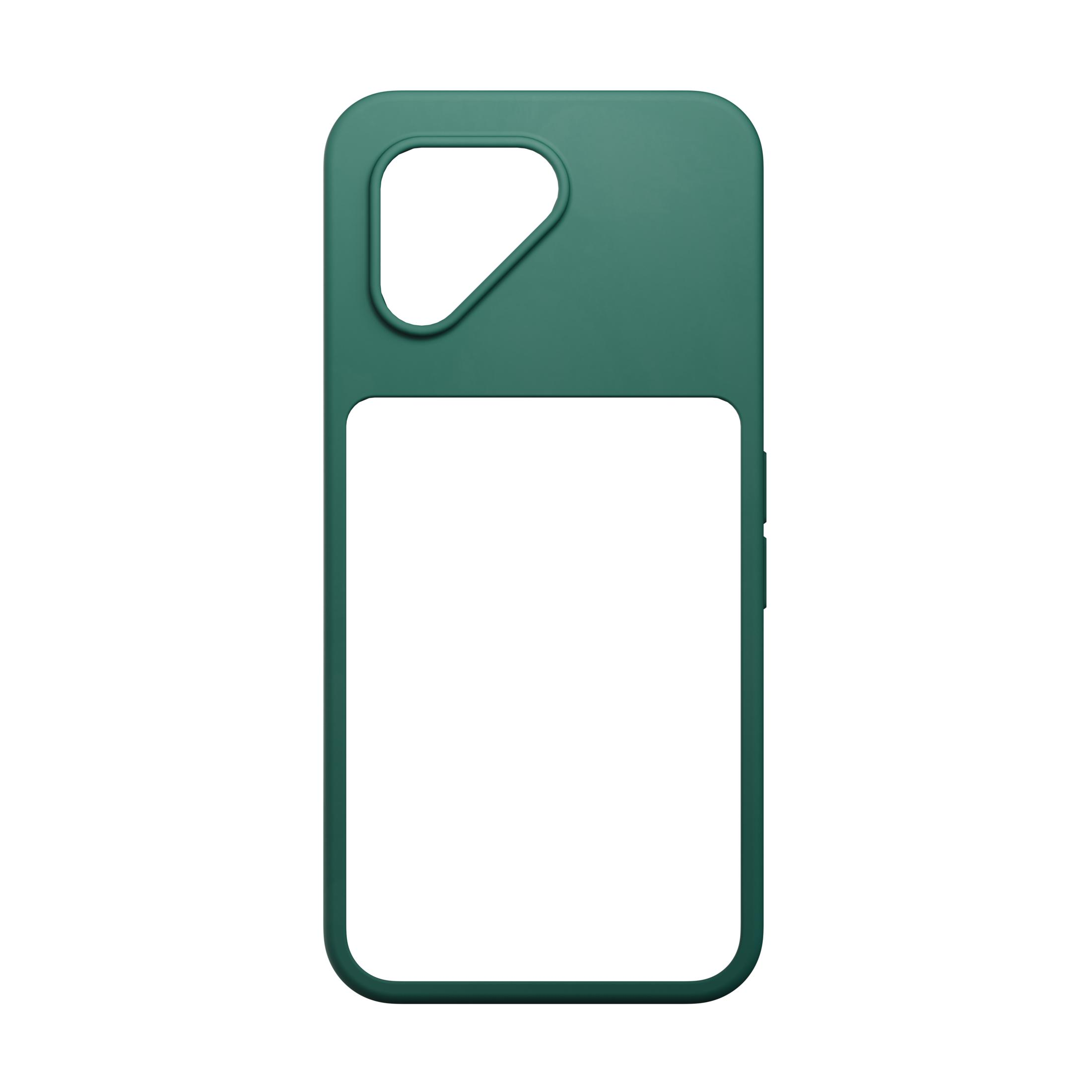Una custodia per telefono verde scuro con un ritaglio per l'obiettivo della fotocamera.