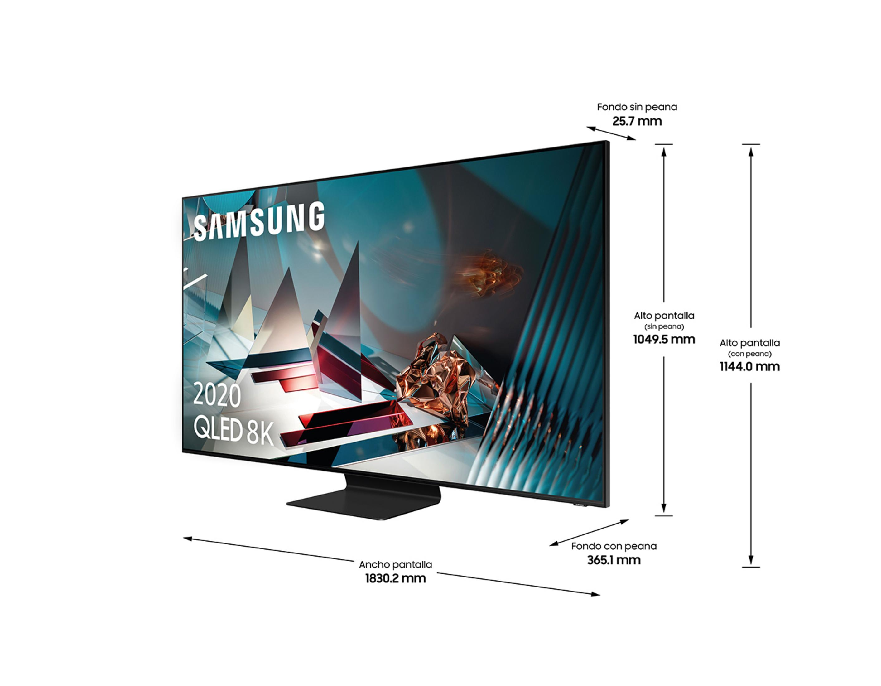Televisor Samsung QLED 8K 2020 con dimensiones y peana.