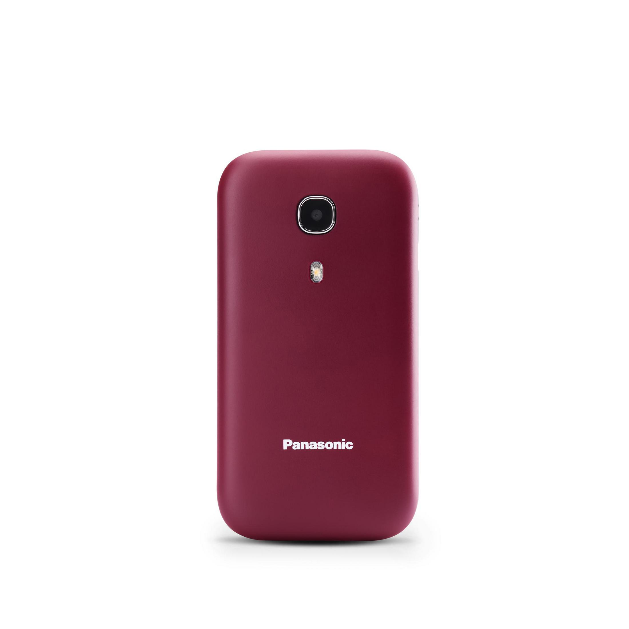 Retro di un telefono Panasonic rosso scuro con fotocamera e flash.