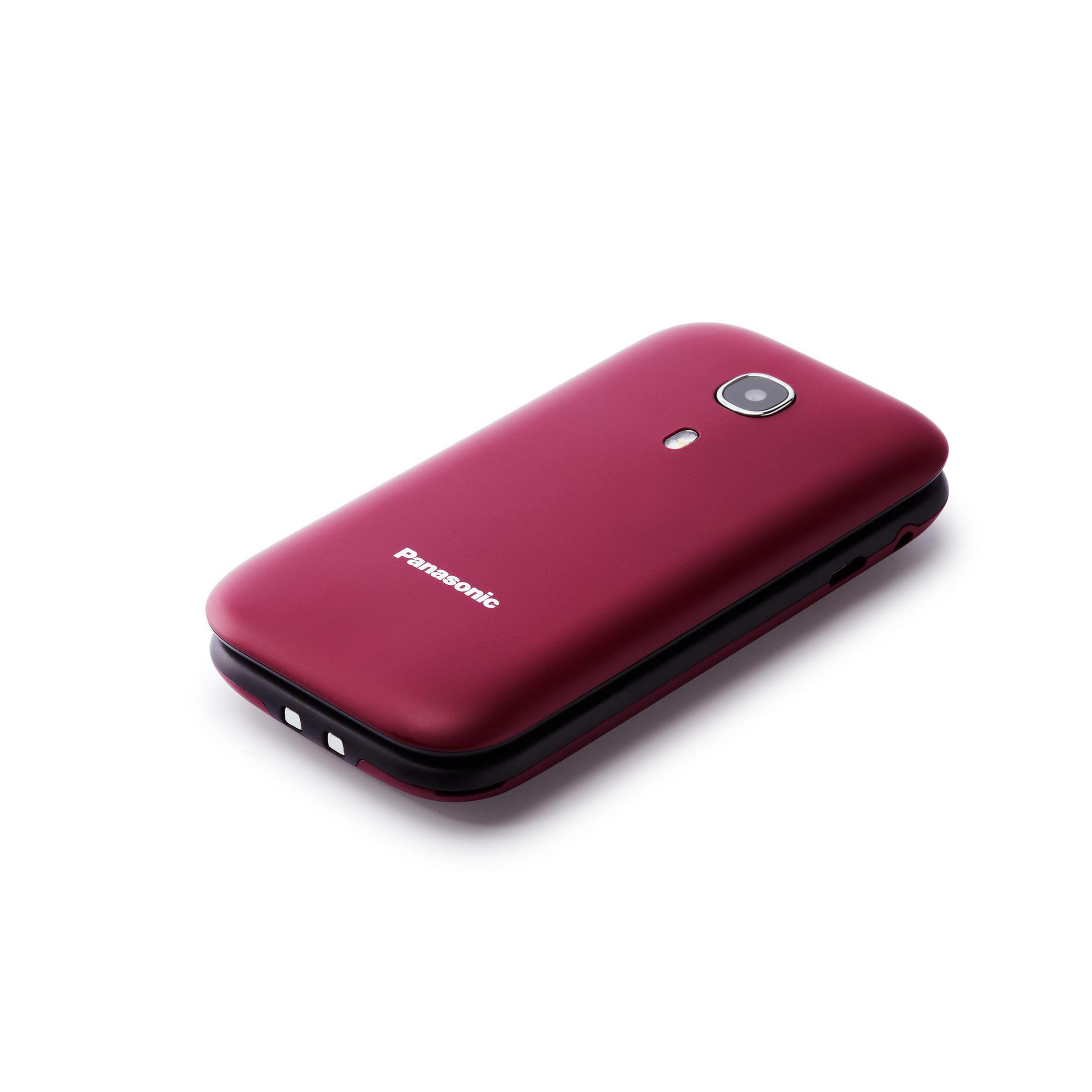 Un telefono flip chiuso, rosso scuro, Panasonic, su sfondo bianco.