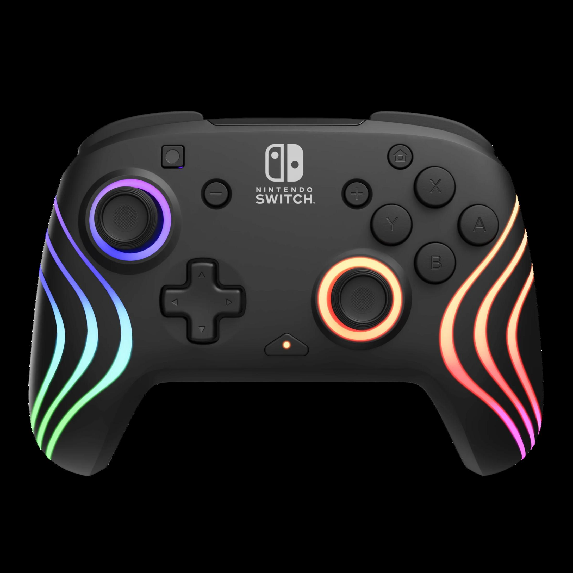 Controller nero Nintendo Switch con luci colorate sui lati e sui pulsanti.