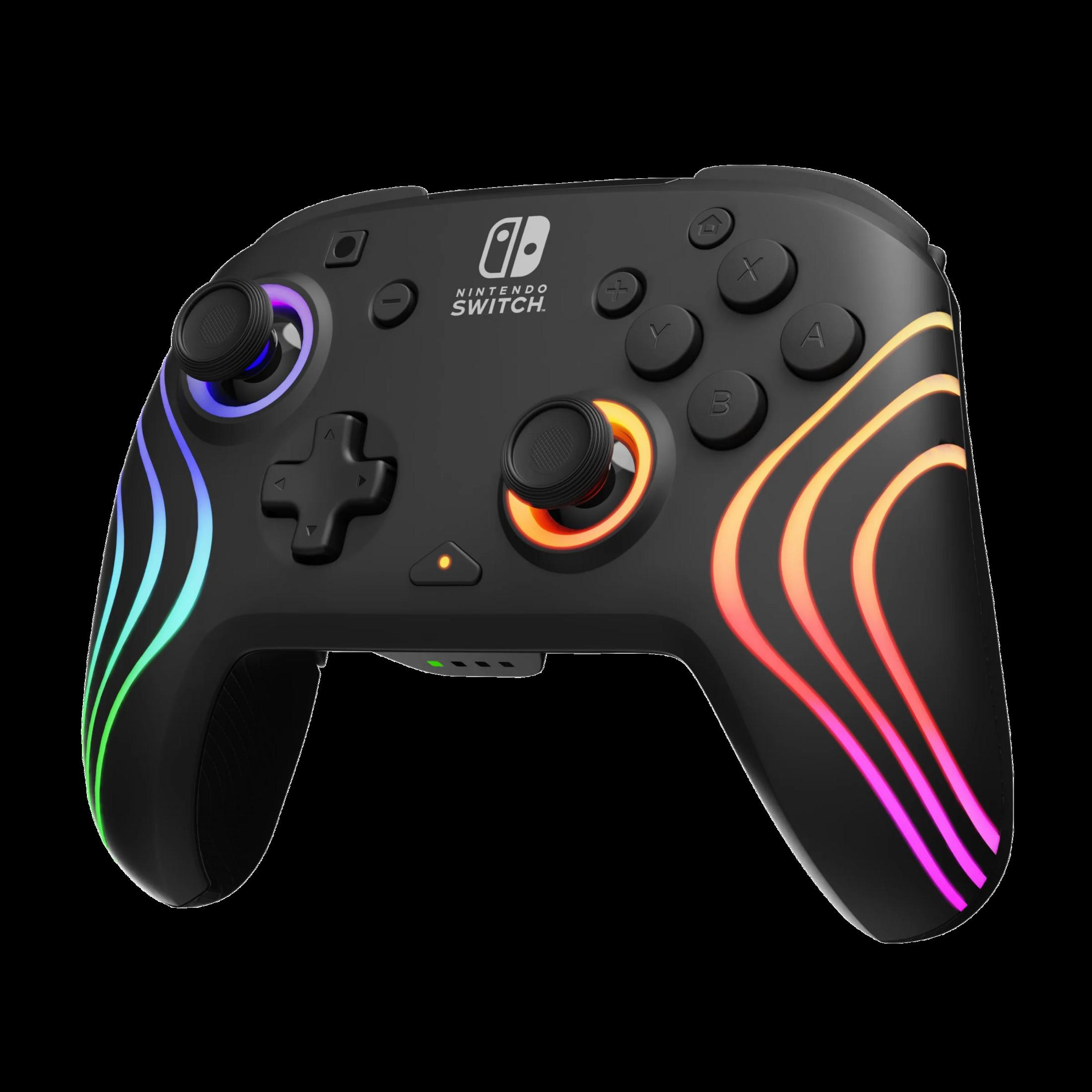 Un controller nero Nintendo Switch con luci colorate sui lati.