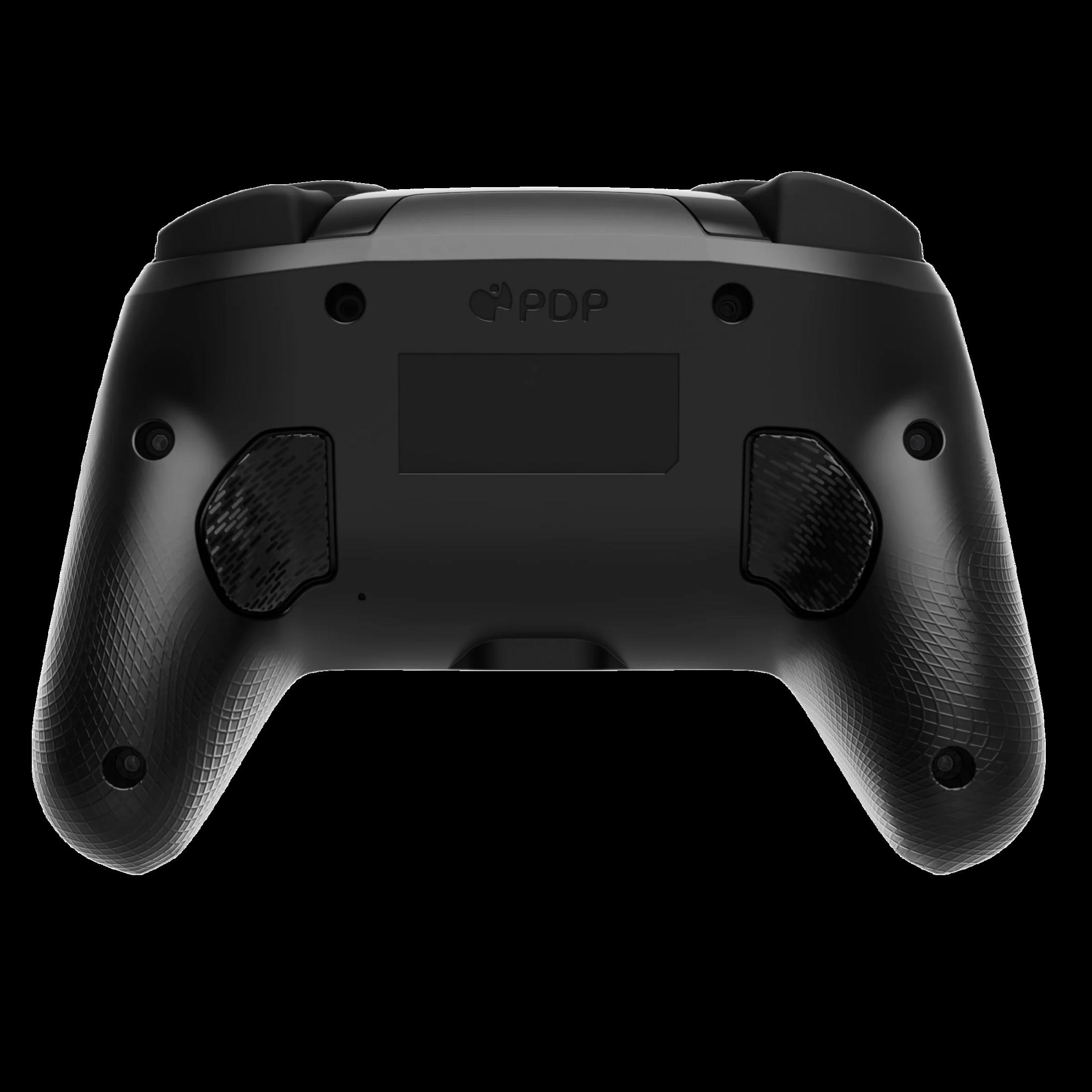 Controller PDP nero visto da dietro, con texture grip e logo.