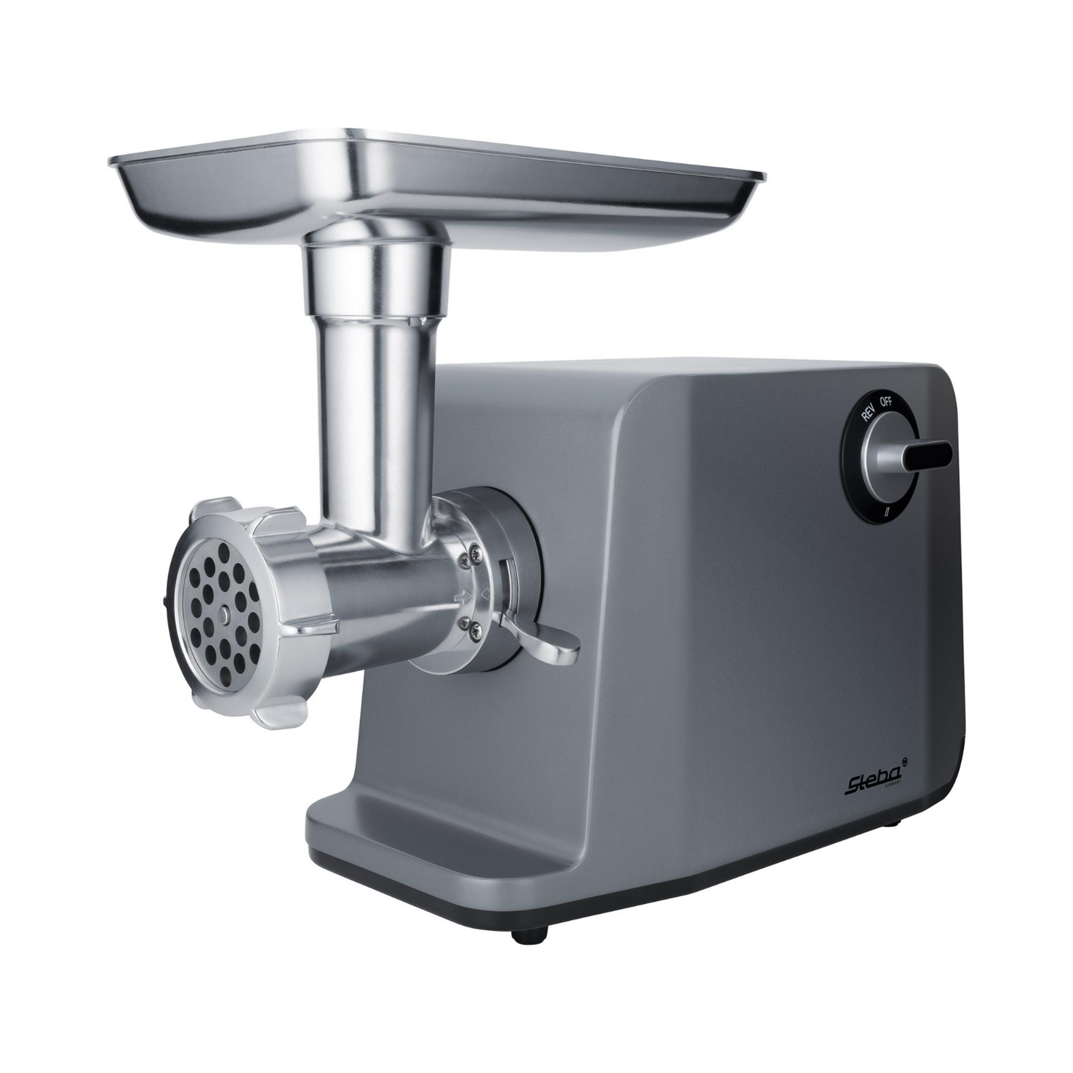 Tritacarne grigio con vassoio in acciaio inox e disco da taglio.