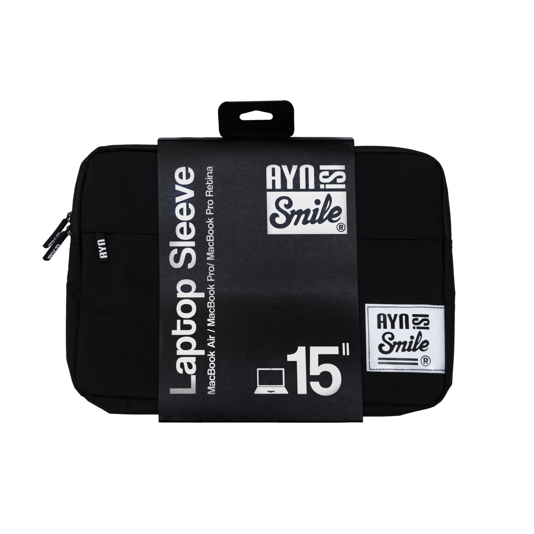 Funda negra para portátil con logo AYN Smile, para MacBooks de 15 pulgadas.