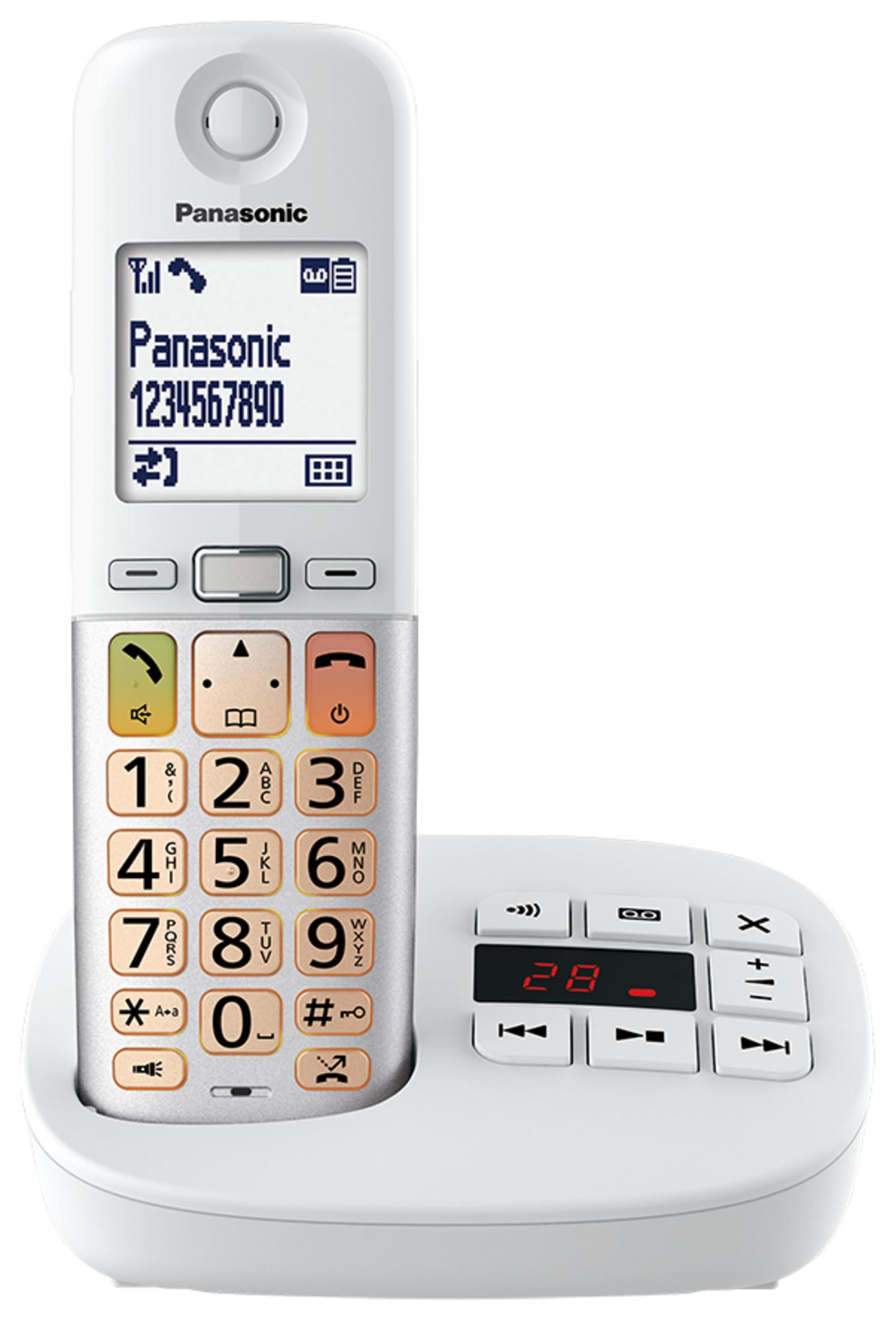 Un telefono cordless Panasonic bianco con tasti numerici e schermo.
