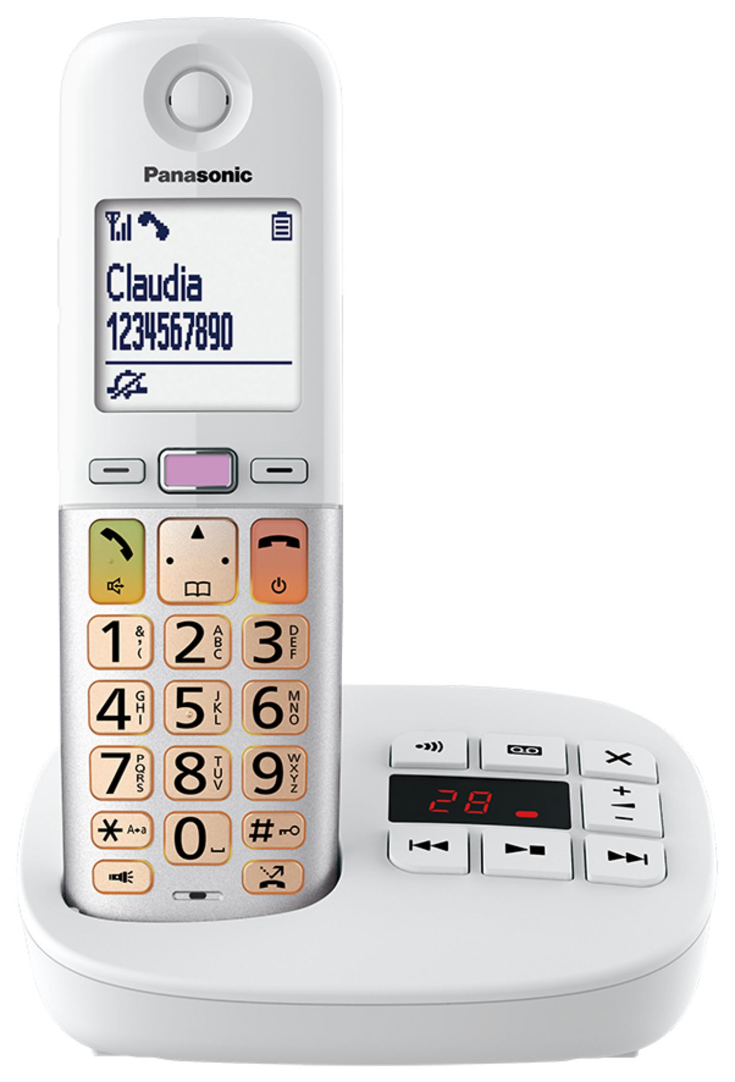 Un telefono cordless Panasonic bianco con display e tastiera retroilluminati.