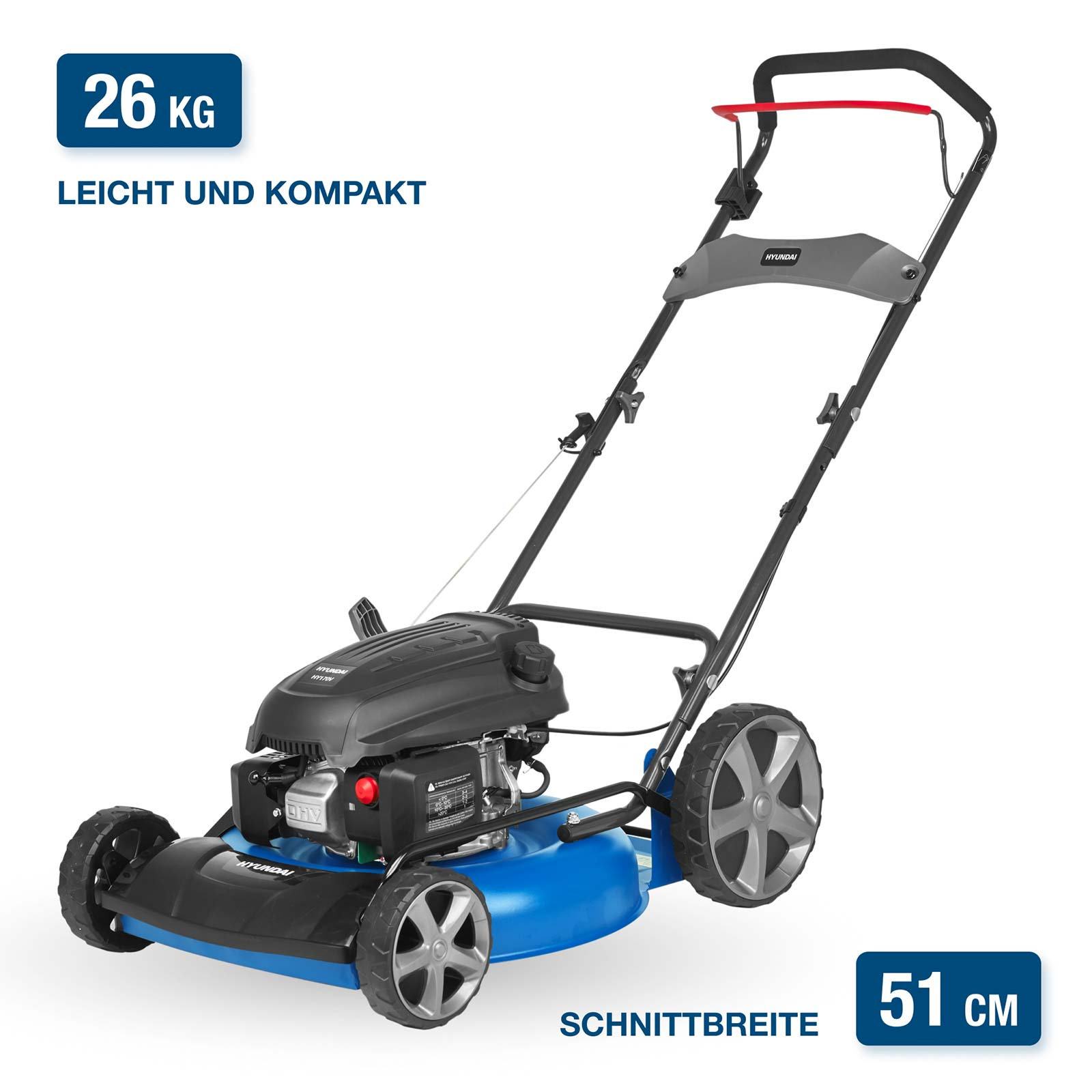 Ein blauer Hyundai Rasenmäher mit schwarzem Motor und silbernen Rädern.