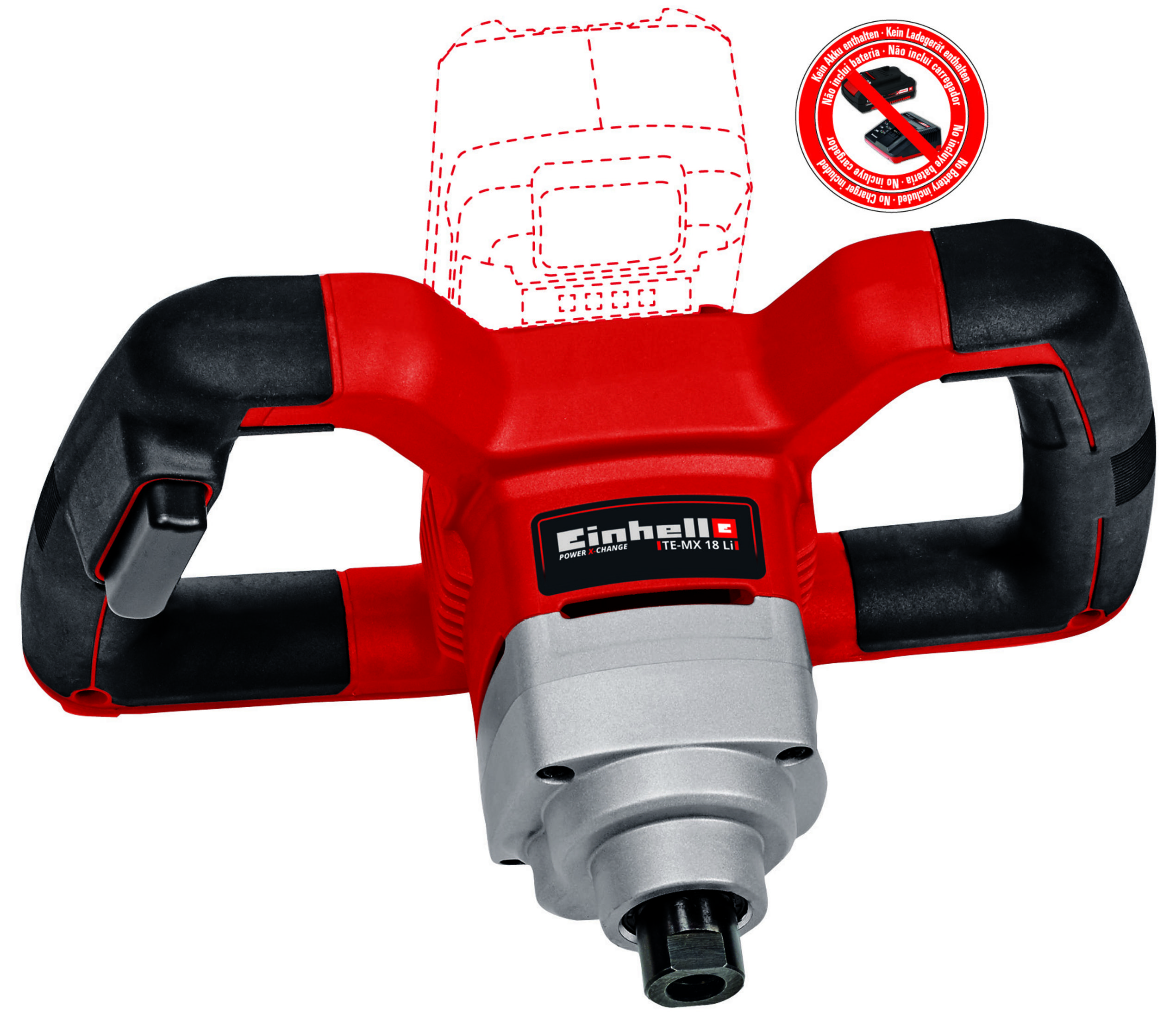 Mezclador Einhell en rojo y negro, sin batería ni cargador.