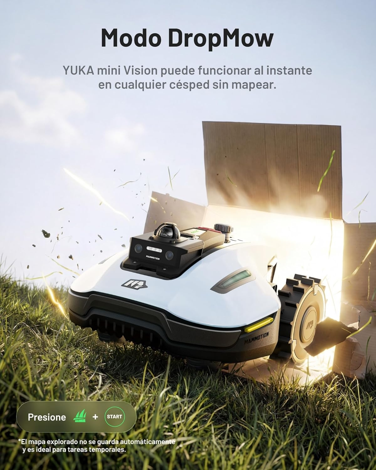 Un robot cortacésped blanco con cámaras sale de una caja de cartón en un campo.