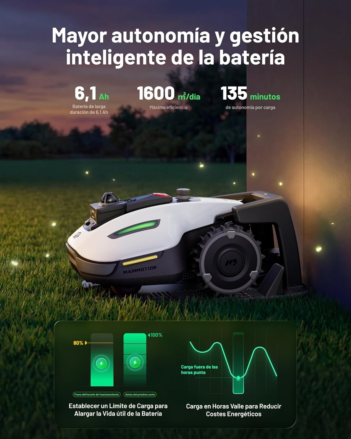 Un robot cortacésped sobre césped, con información de batería y eficiencia.