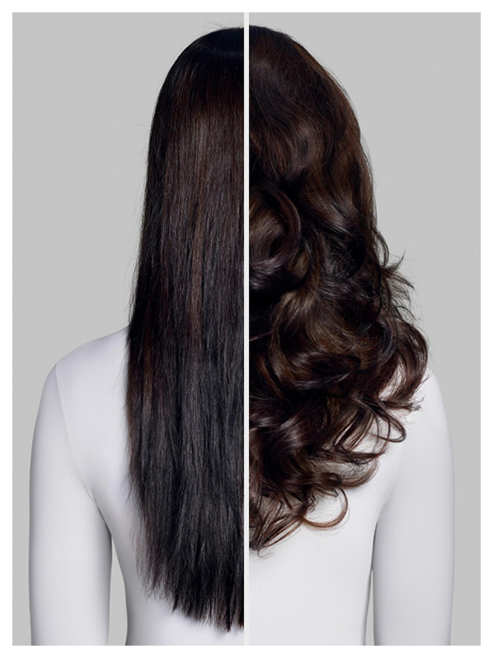 Immagine divisa con capelli scuri lisci a sinistra e capelli scuri voluminosi e mossi a destra.
