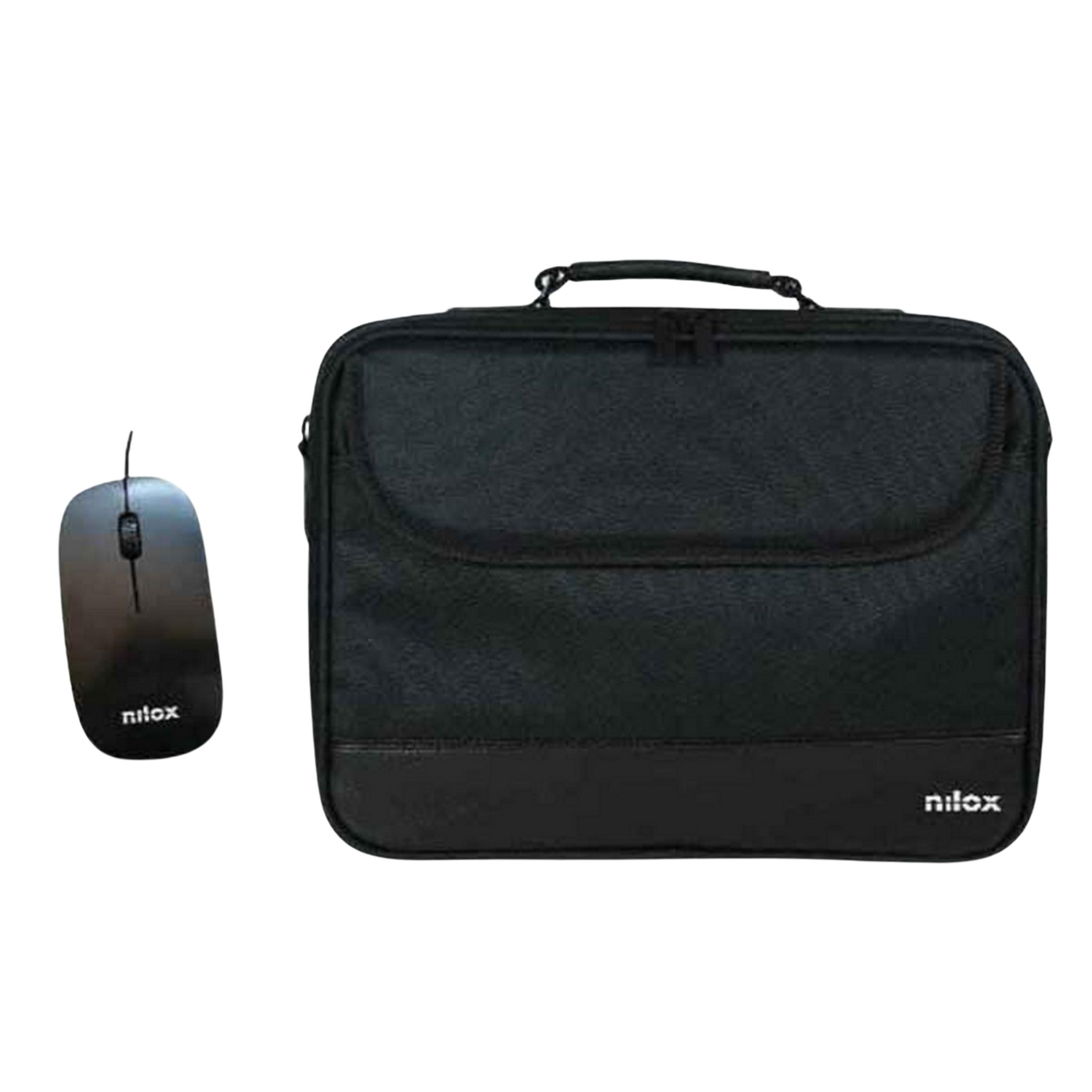 Una borsa nera per laptop con manico e un mouse Nilox nero accanto.