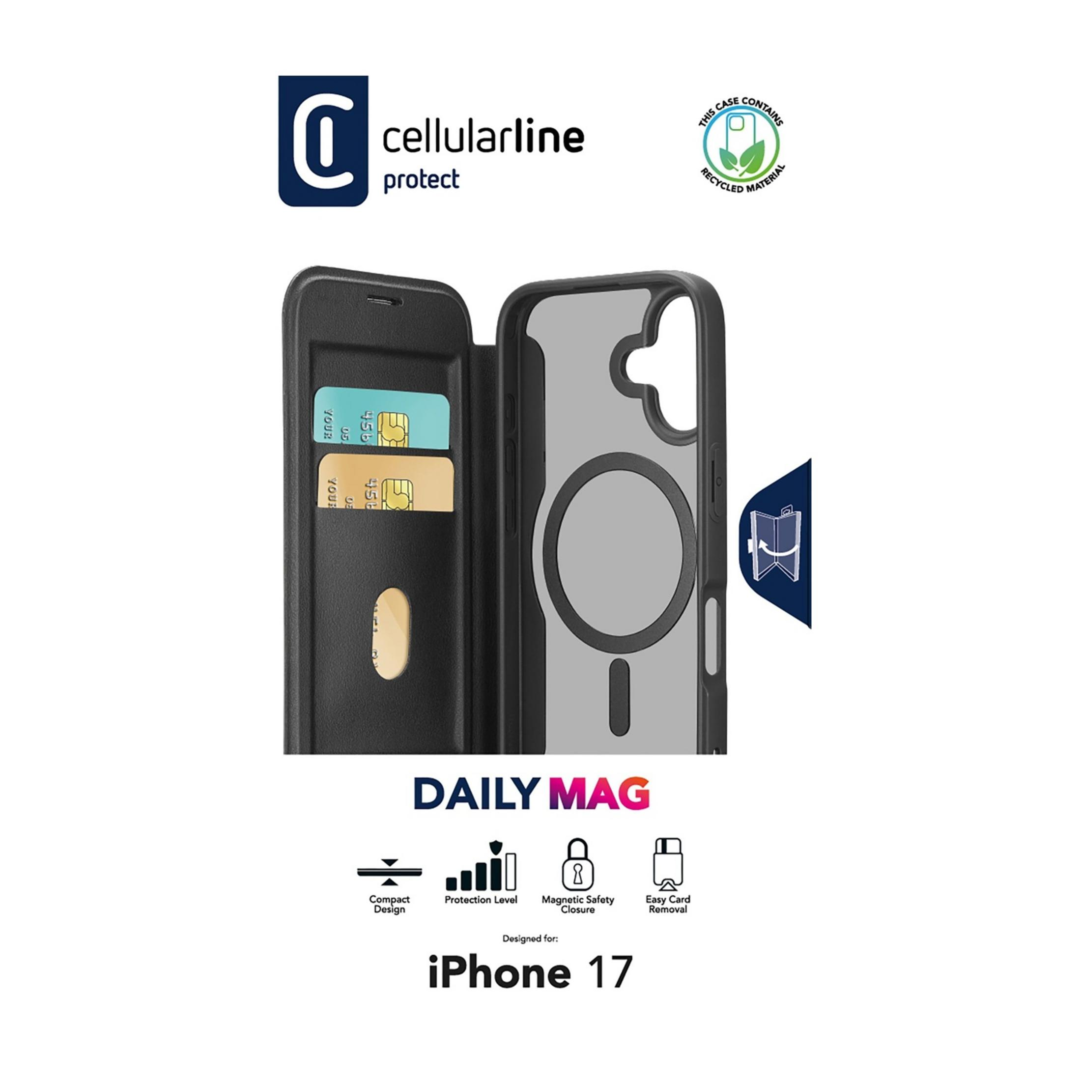 Schwarze iPhone 17 Hülle mit Kartensteckplätzen und MagSafe-Kreis.