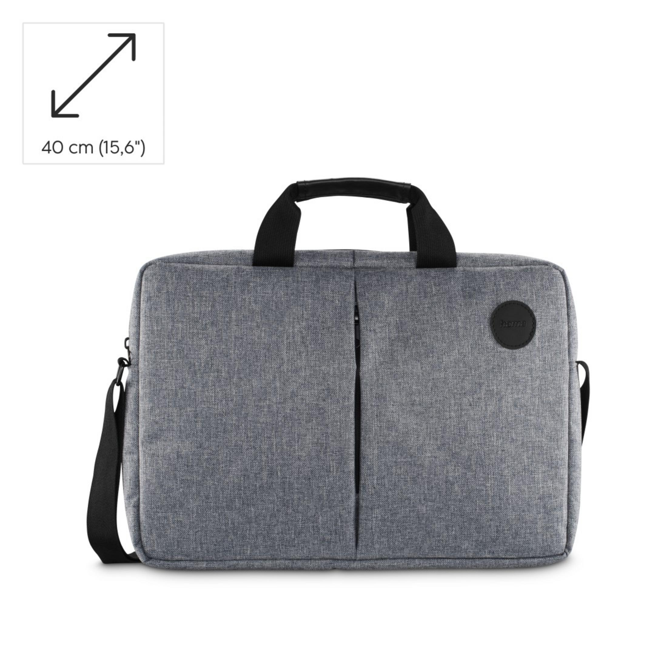 Szara torba na laptopa z czarnym uchwytem i paskiem, z logo marki.