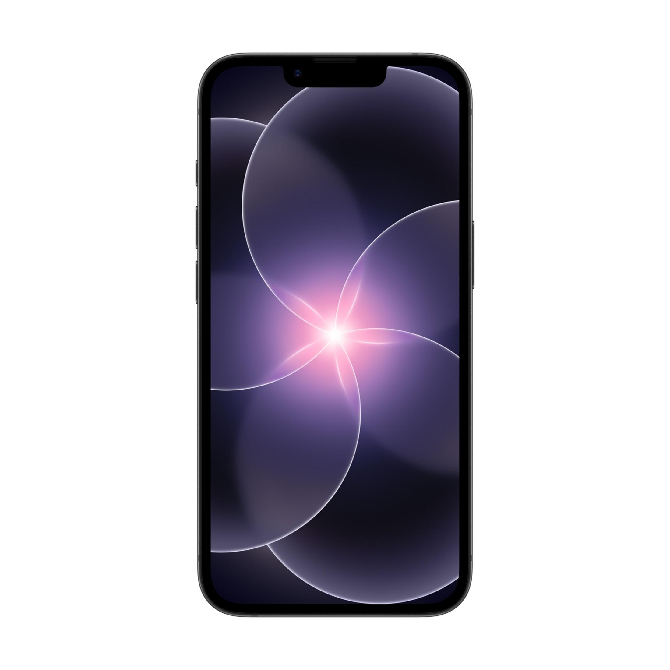 Ein schwarzes Smartphone mit einem violetten, sternförmigen Hintergrundbild.