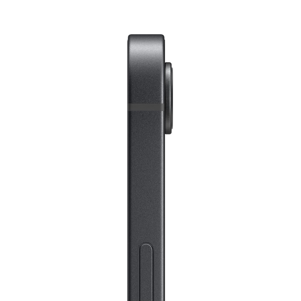 Dunkelgraues Smartphone mit Kamera-Ausschnitt, von der Seite gesehen.