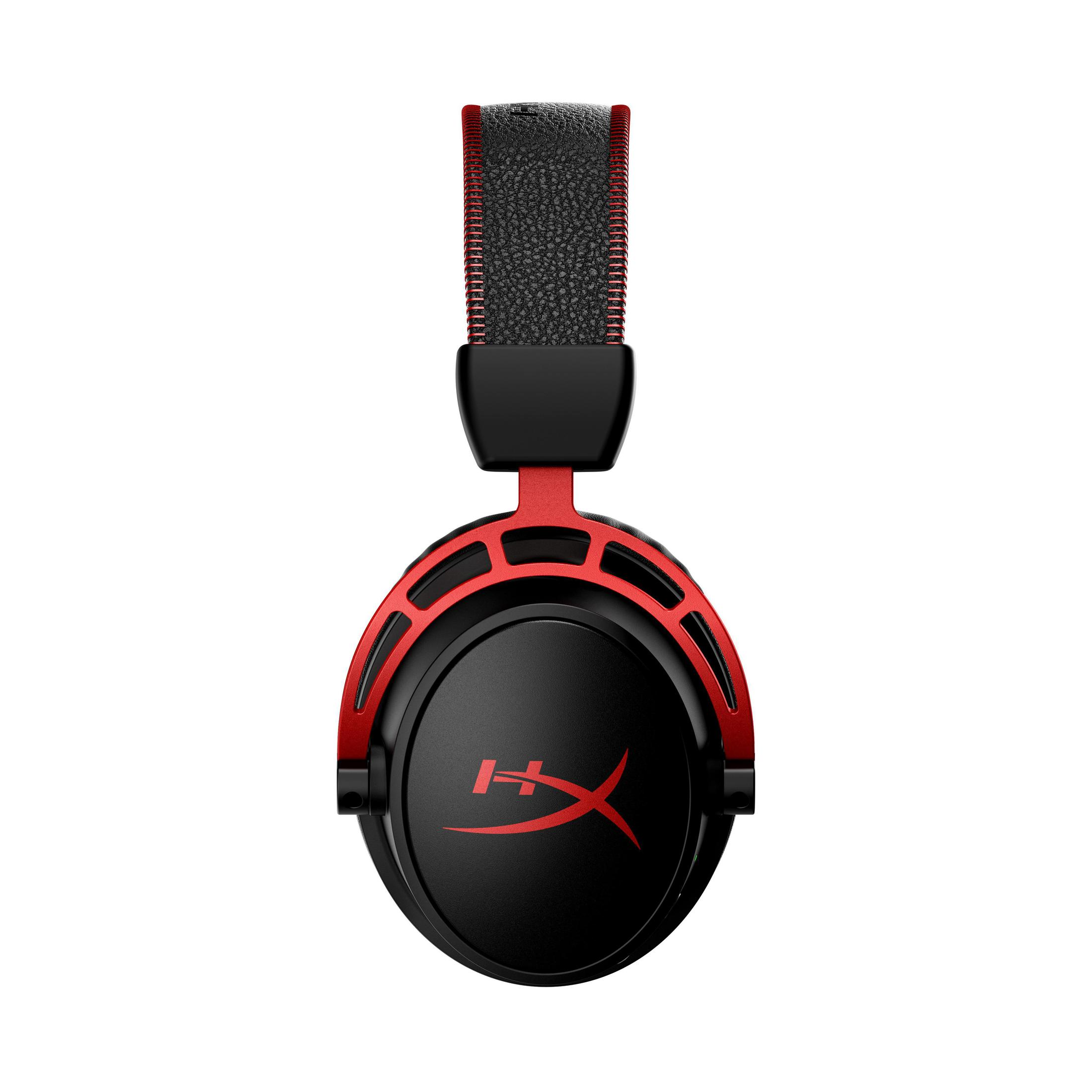 Cuffie nere con accenti rossi e logo rosso.