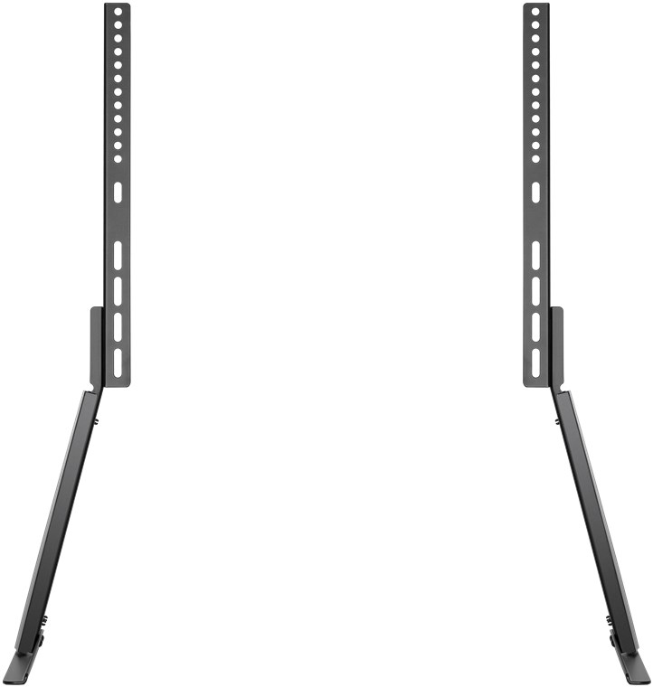 Zwei schwarze TV-Ständer mit verstellbaren Halterungen und schrägen Beinen.