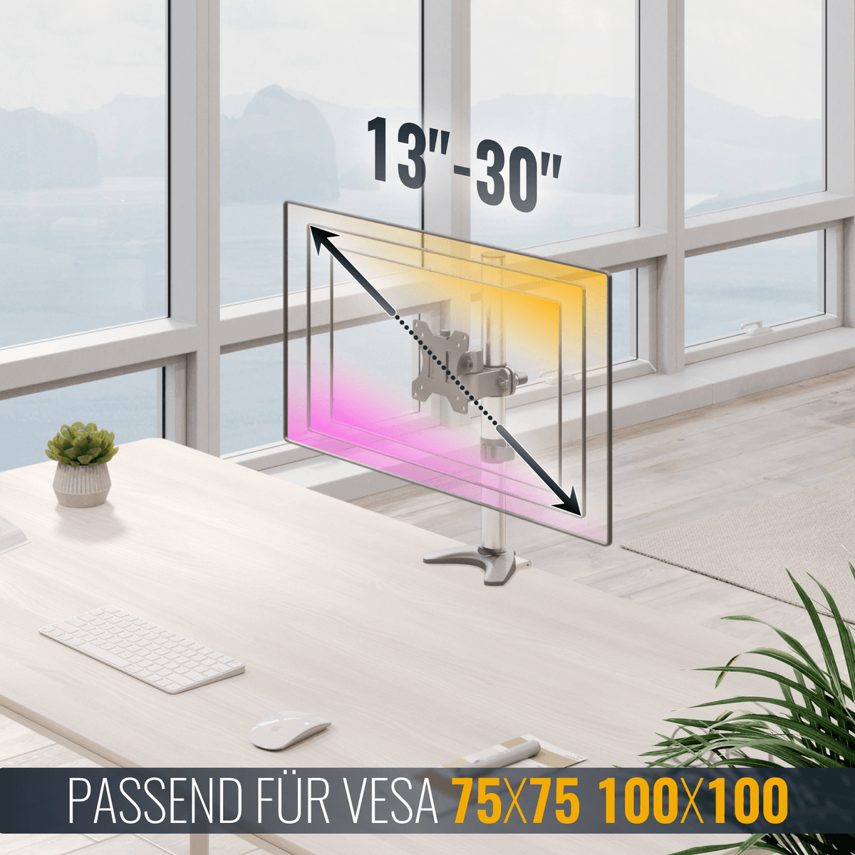 Monitorständer für 13-30 Zoll Bildschirme, VESA 75x75/100x100, auf einem Schreibtisch.