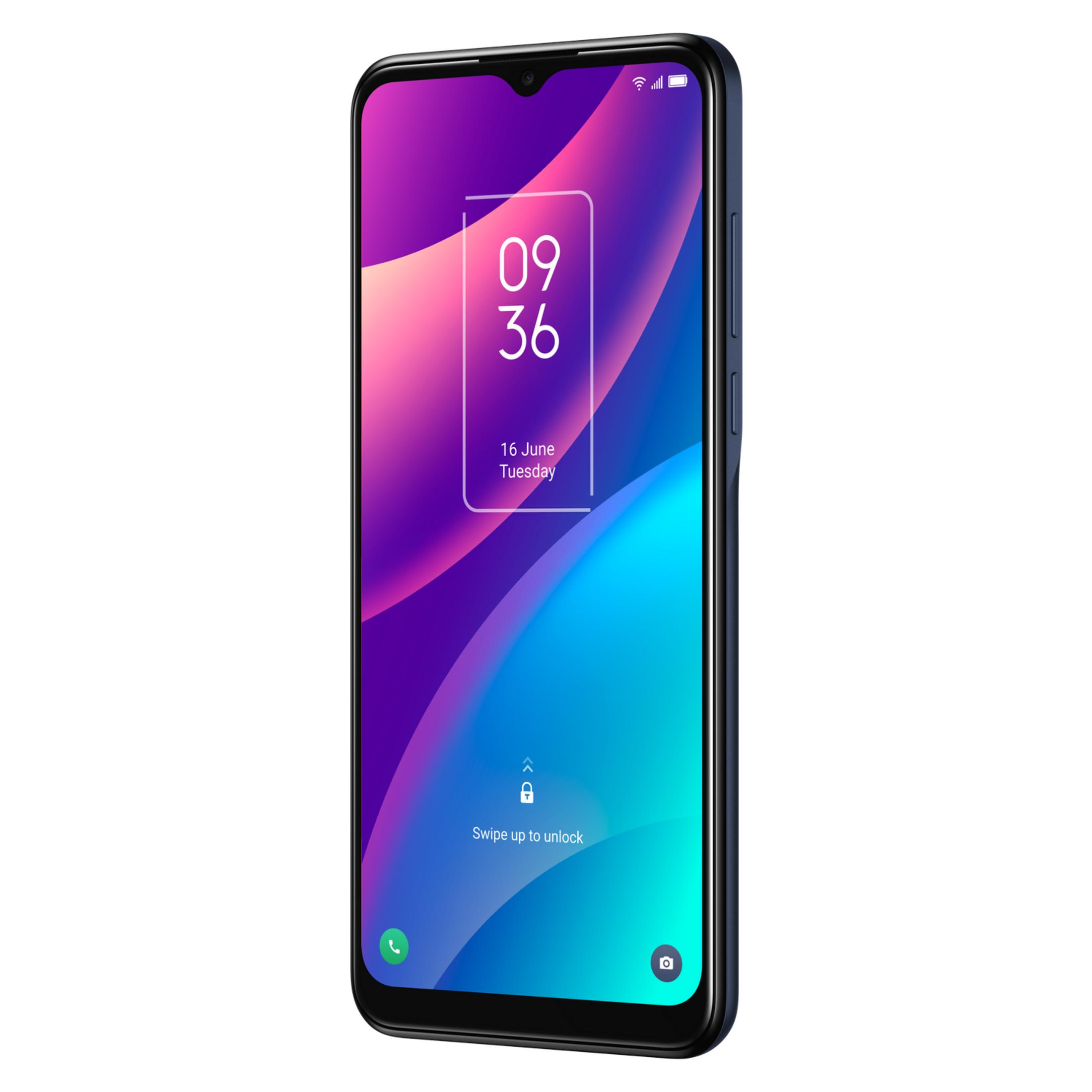 Uno smartphone blu con uno sfondo sfumato viola e blu sullo schermo di blocco.