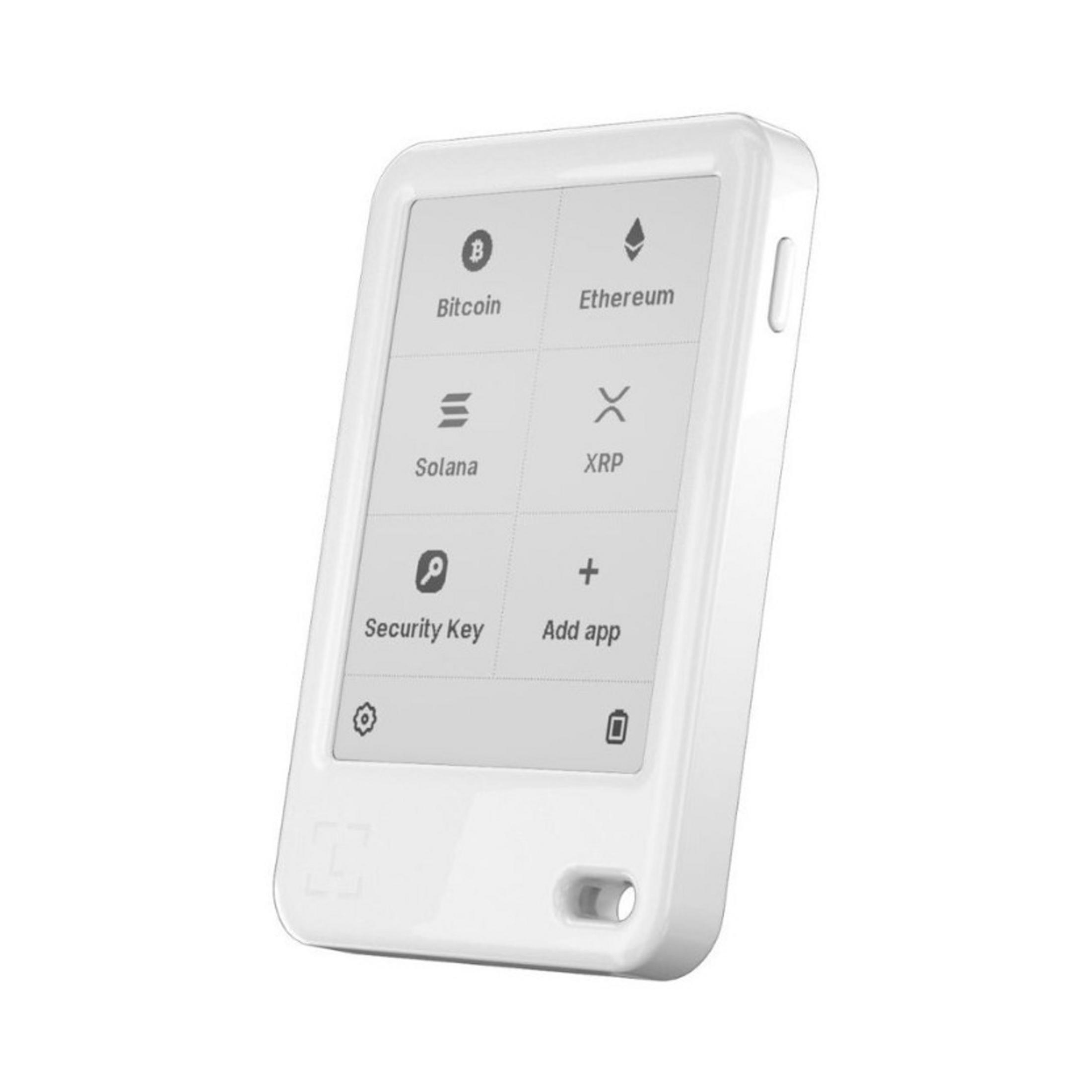 Una billetera de criptomonedas blanca con pantalla que muestra Bitcoin, Ethereum, Solana, XRP y más.