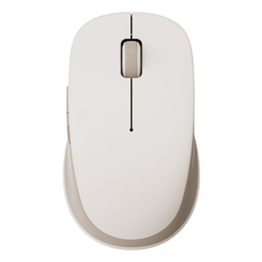 Un mouse bianco per computer con rotellina grigia e base grigia.