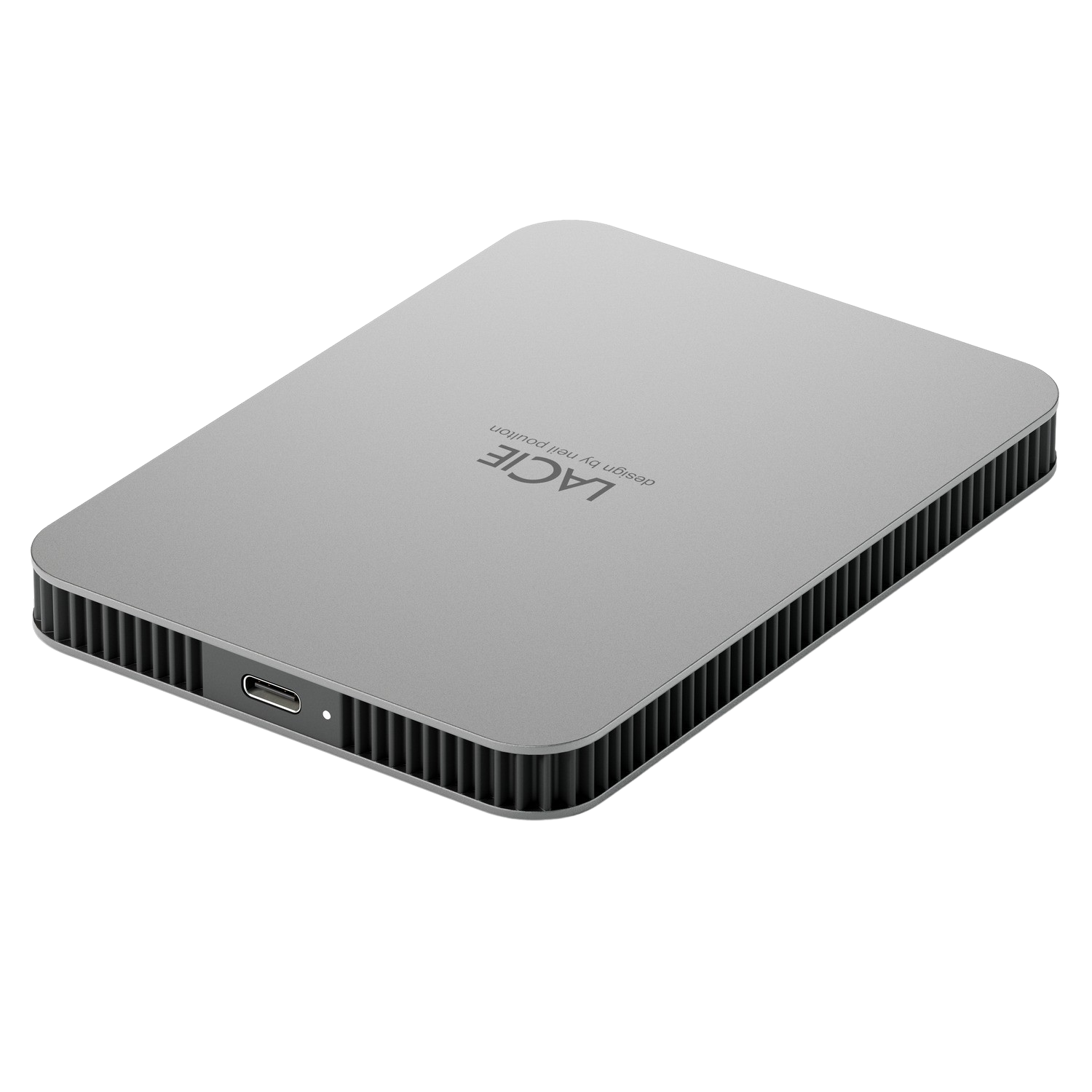 Unità esterna argentata con porta USB-C e alette di ventilazione.