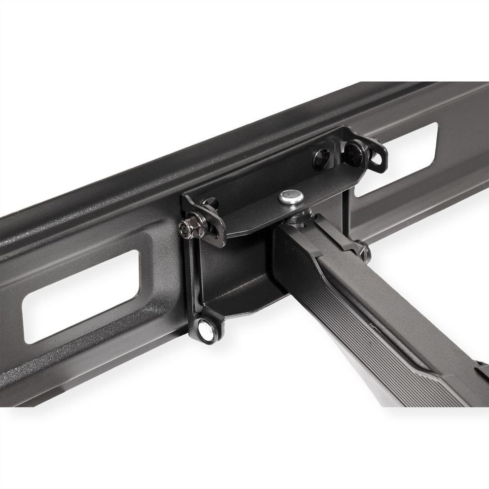 Schwarze Metallhalterung mit verstellbarem Arm und Schrauben, weißer Hintergrund.