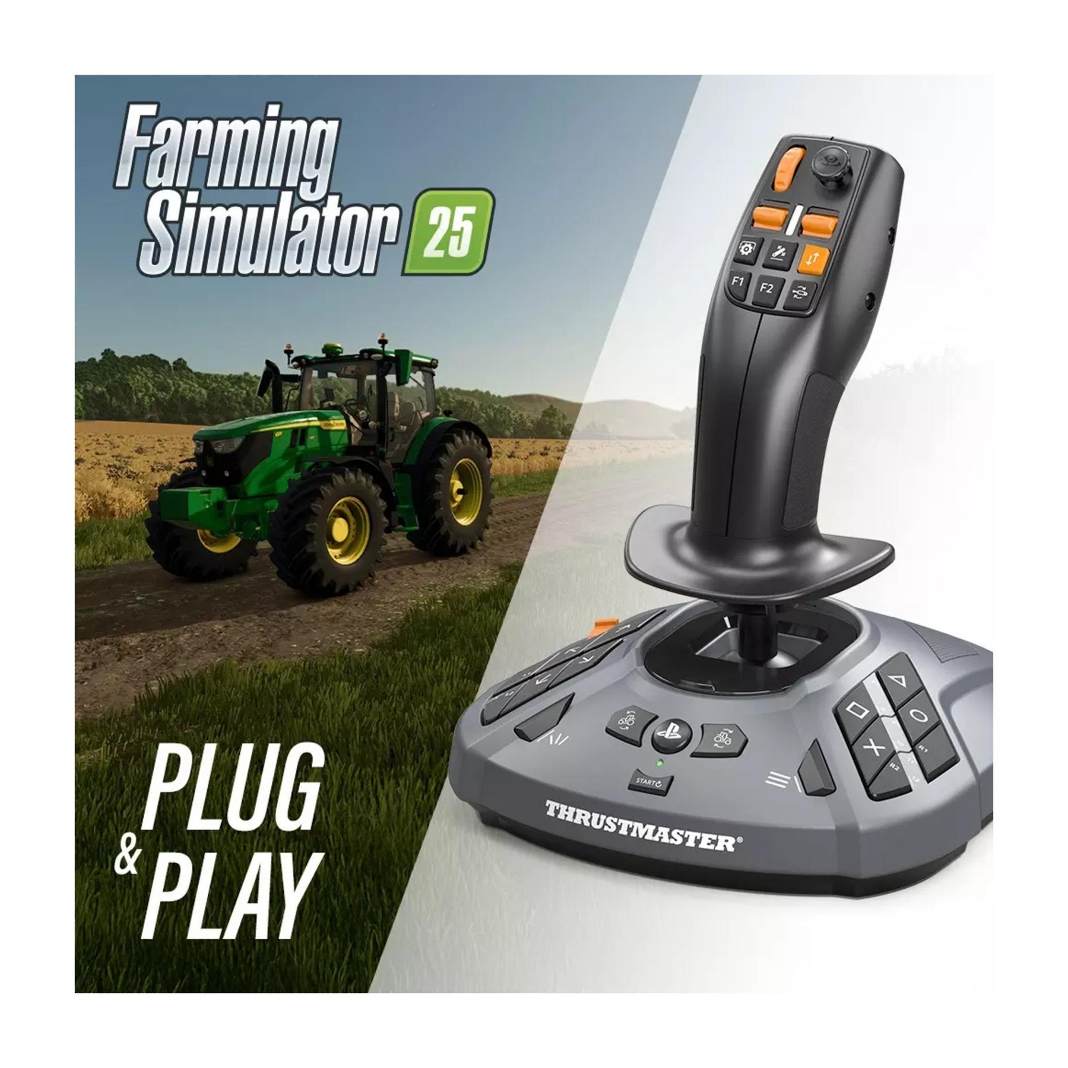 Un tractor verde en un campo junto a un joystick Thrustmaster con "Farming Simulator 25".