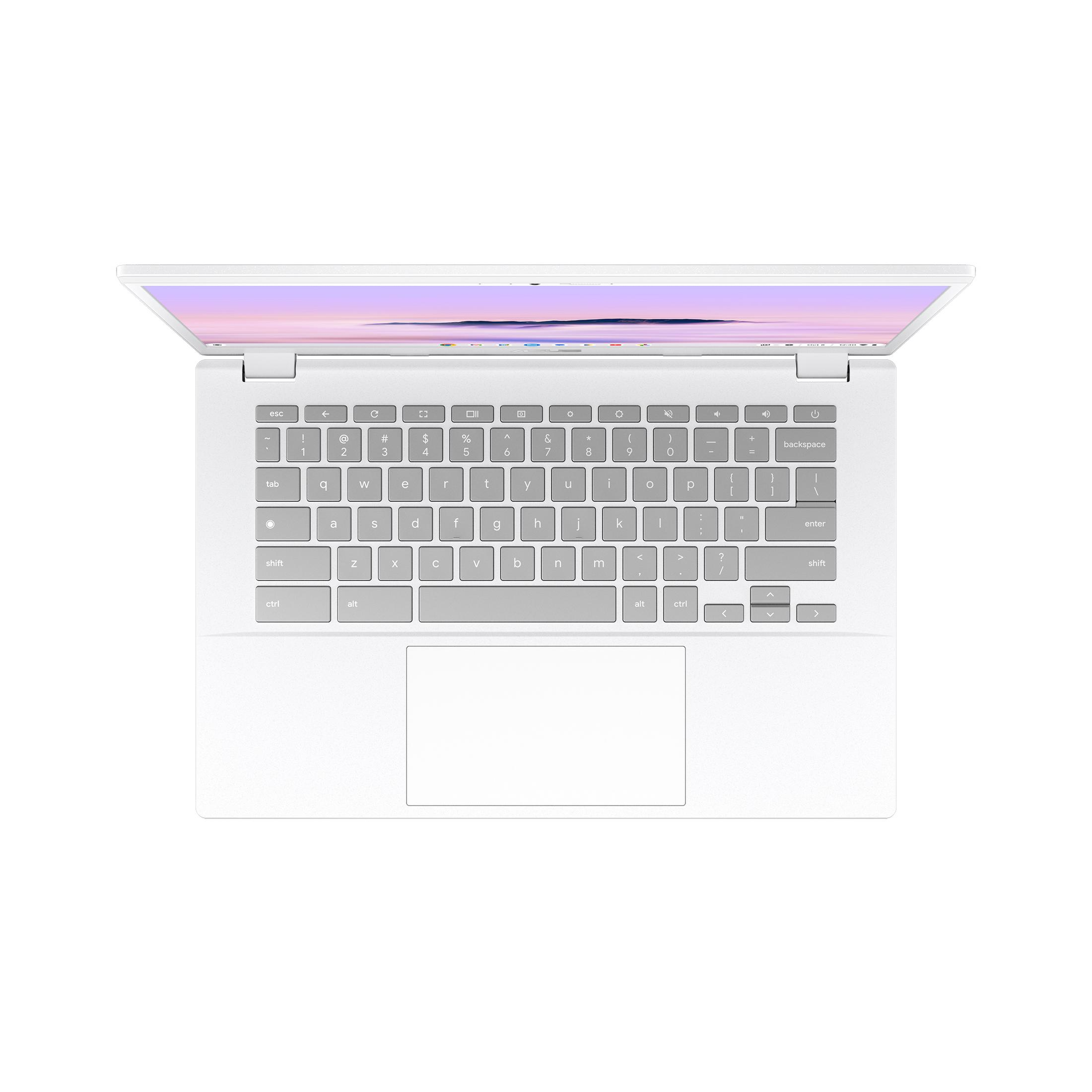 Un portátil blanco con la pantalla abierta, visto desde arriba, mostrando el teclado.