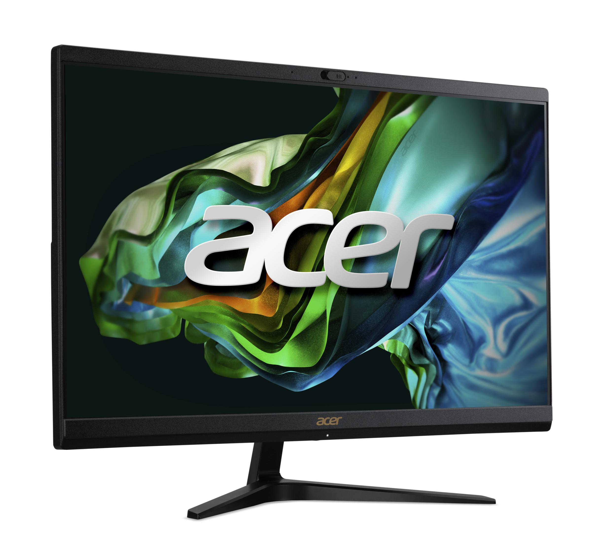 Un monitor Acer negro con un fondo de pantalla colorido y fluido.