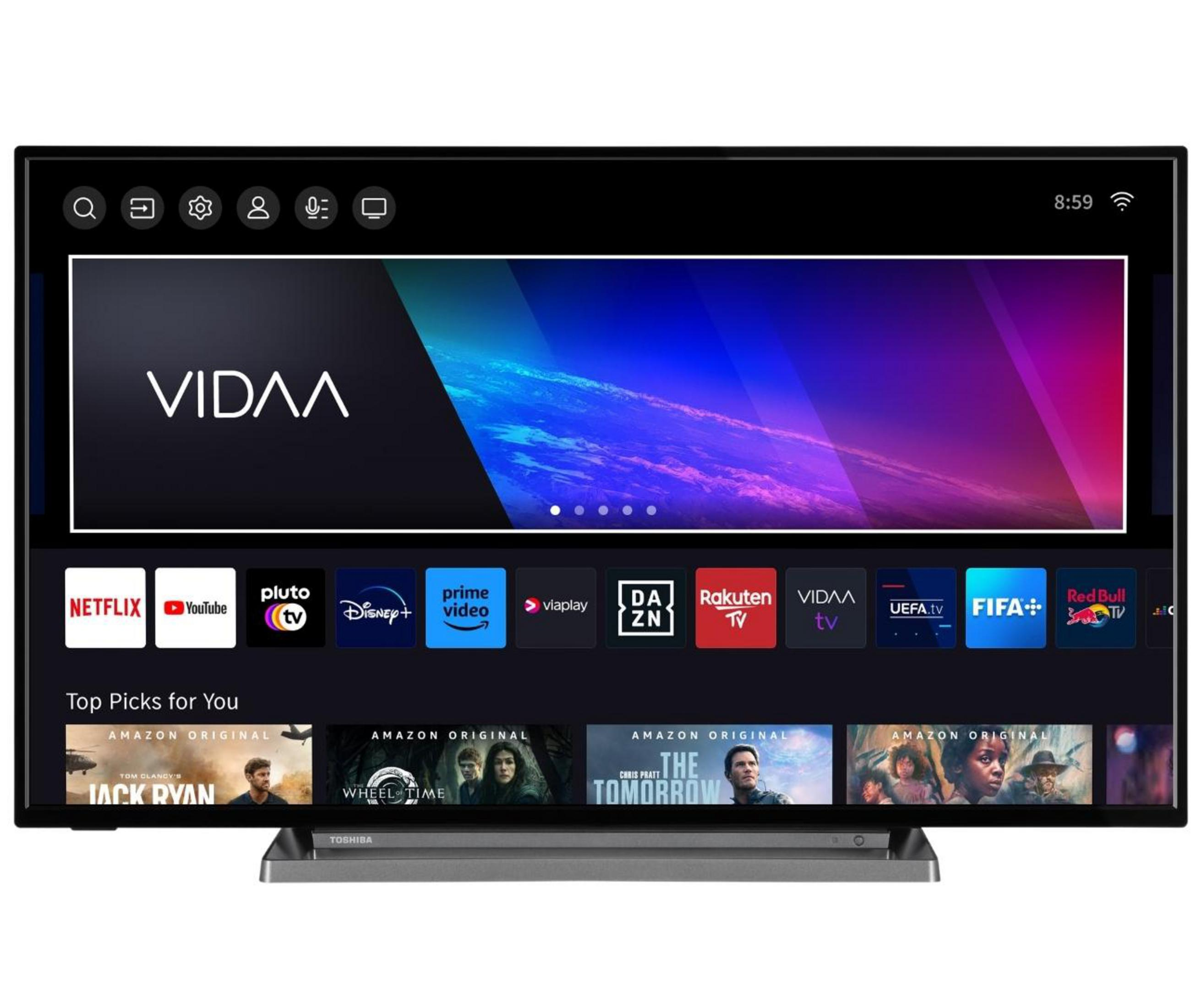 Ein moderner Fernseher mit dem VIDAA-Startbildschirm und App-Symbolen.