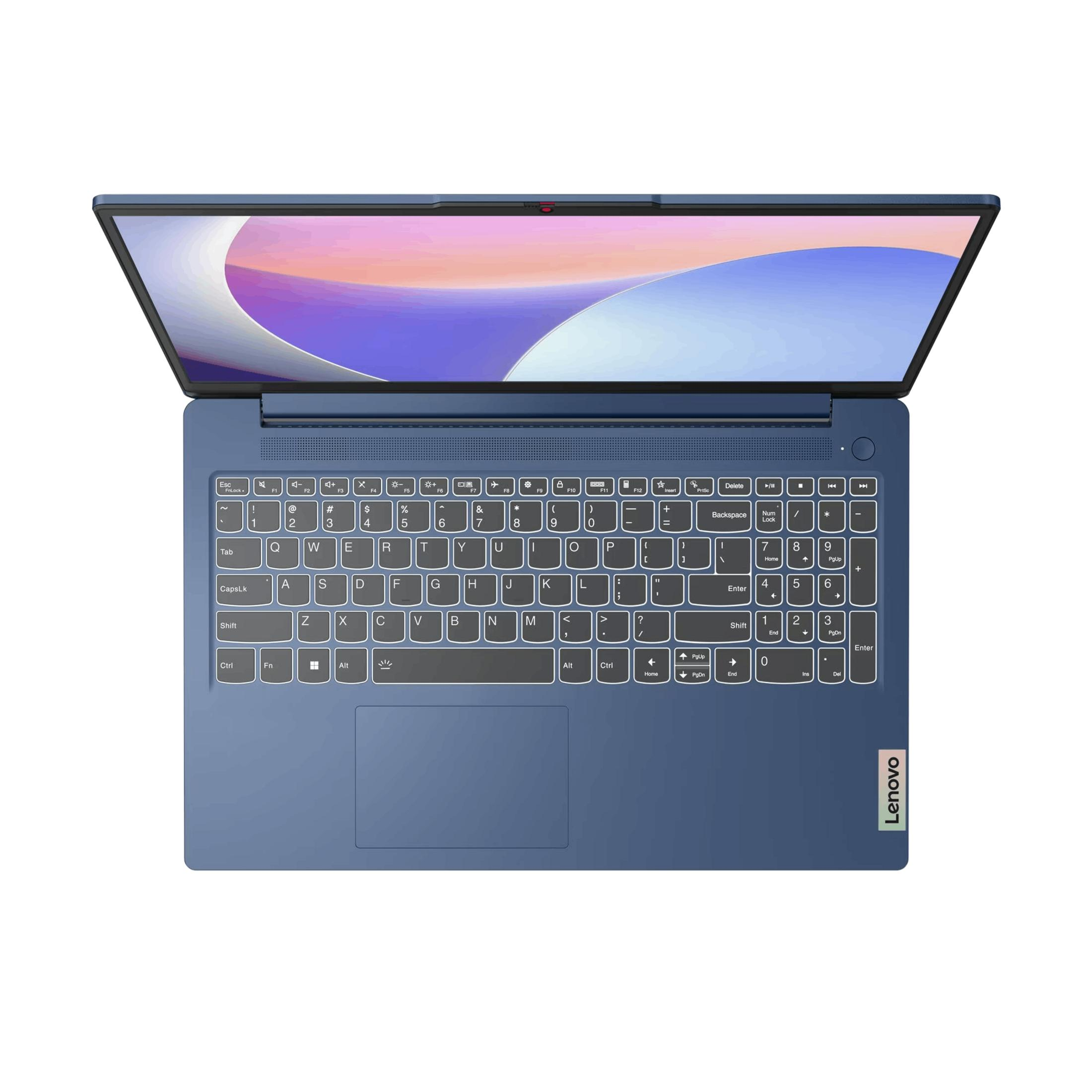 Portátil azul con pantalla y teclado abiertos. Logotipo de Lenovo.