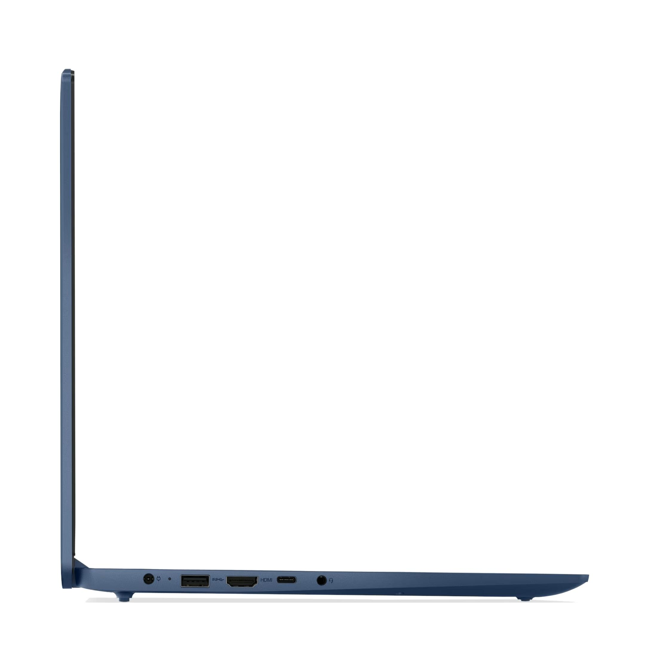 Perfil de portátil azul oscuro con puertos: USB-A, HDMI, jack audio.