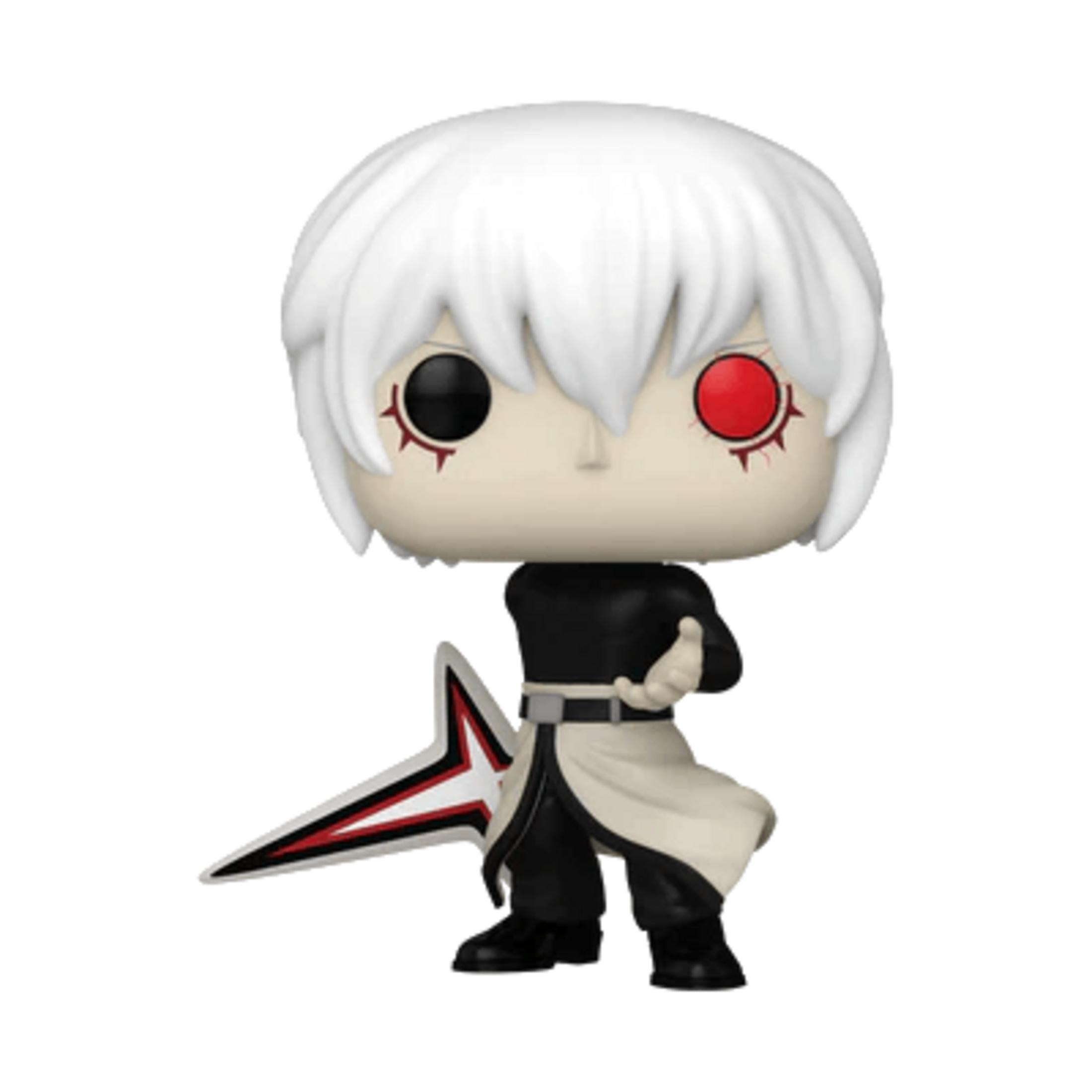 Figur mit weißen Haaren, schwarzem Oberteil und weißer Robe, hält Waffe.