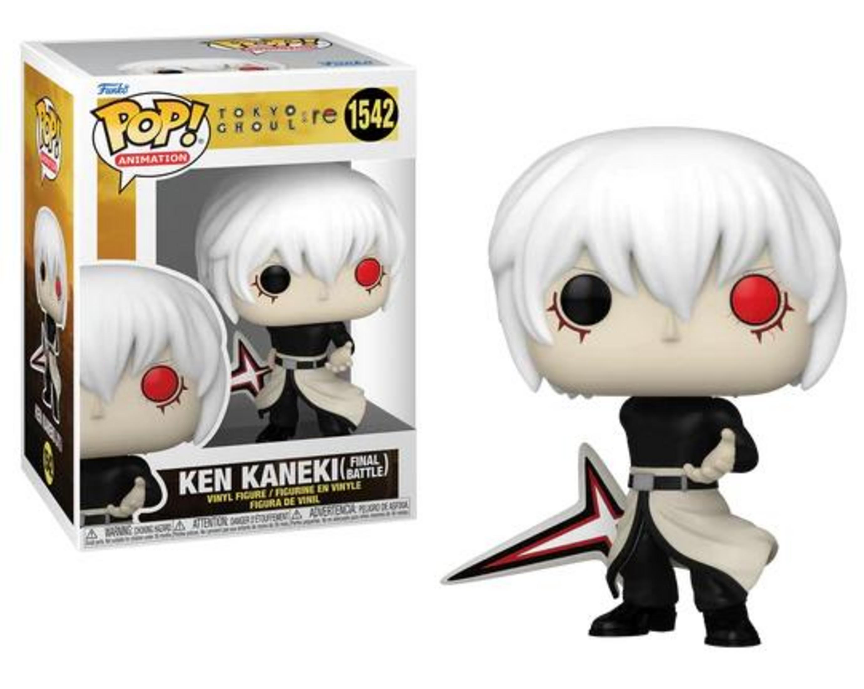 Funko Pop! Figur von Ken Kaneki im Kampf-Outfit mit weißem Haar und rotem Auge.
