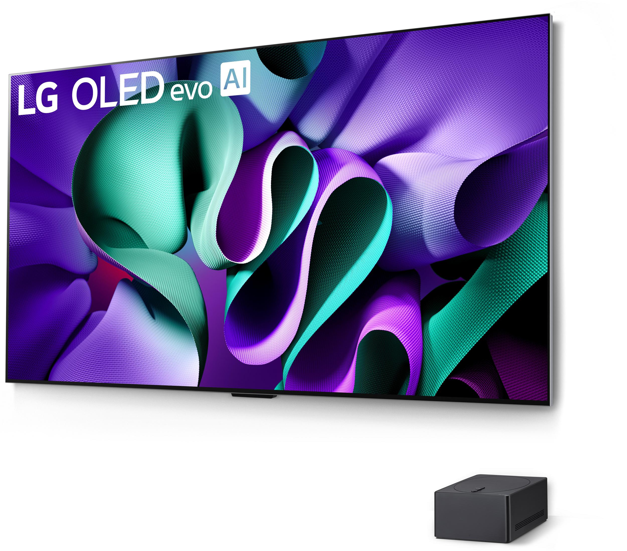 Televisor LG OLED evo AI con fondo abstracto morado y verde y caja negra.
