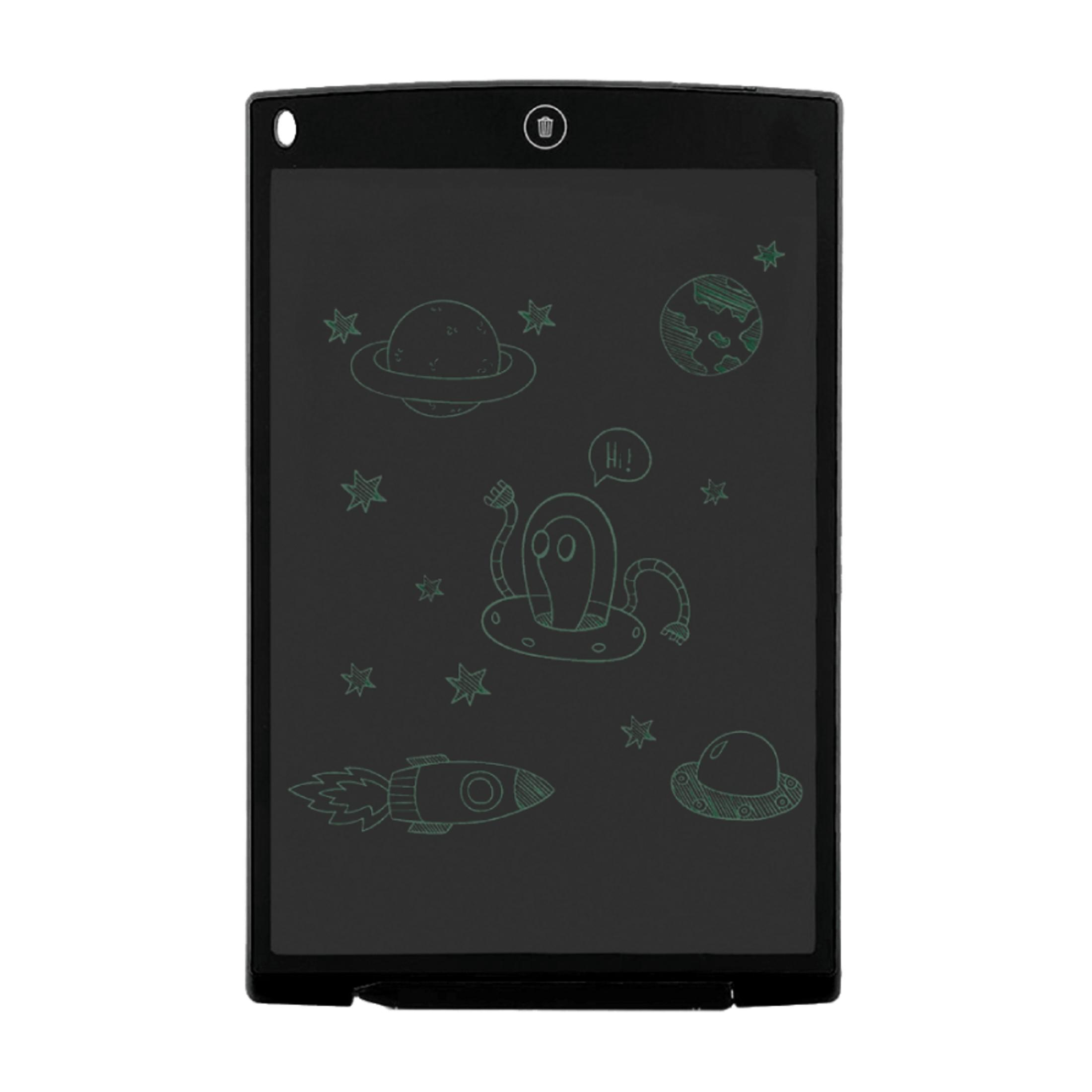Un tablet nero mostra disegni spaziali di razzo, alieno, pianeti e stelle.