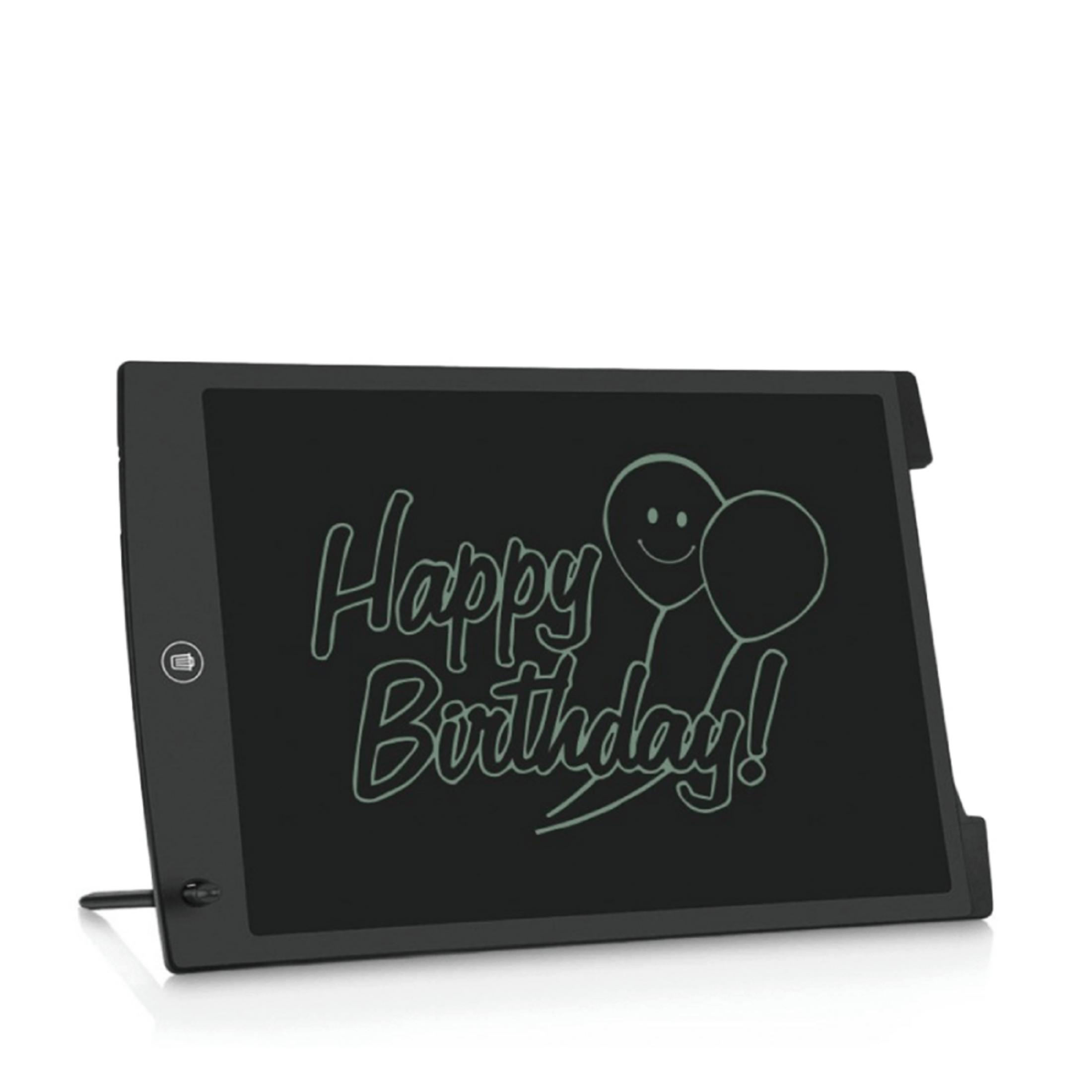 Un tablet nero mostra "Buon Compleanno!" con palloncini disegnati.