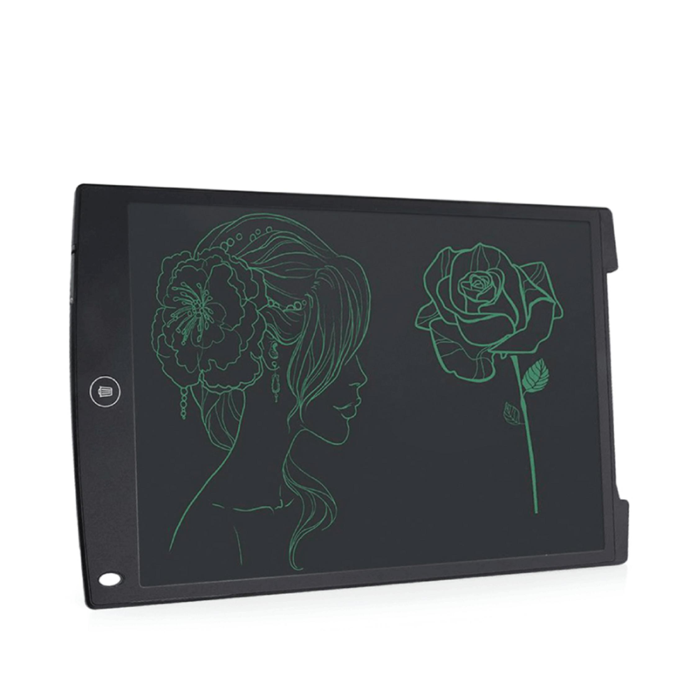 Una tavoletta grafica nera con un disegno verde del profilo di una donna e una rosa.
