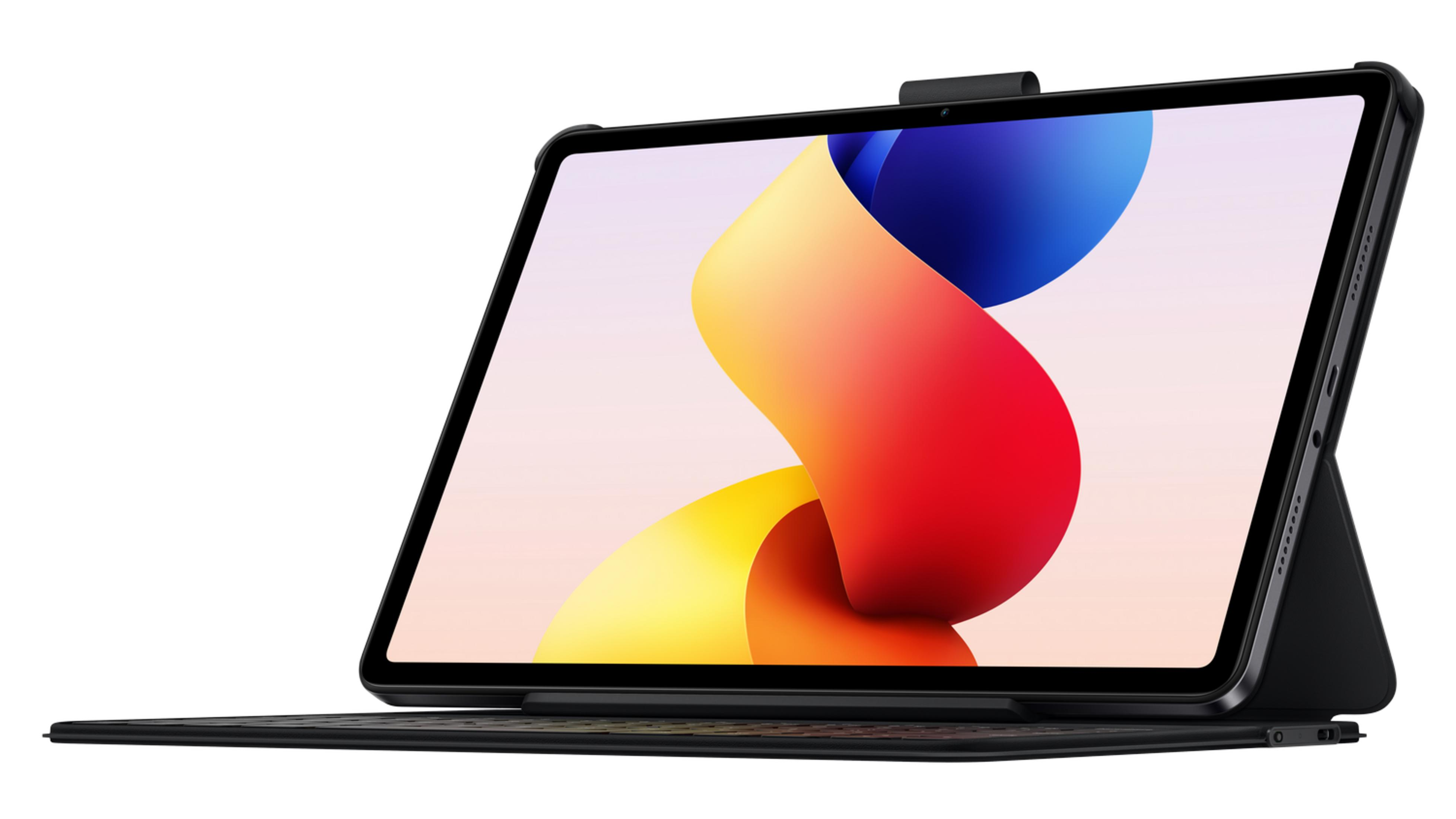 Un tablet nero con tastiera e un'immagine di sfondo colorata.