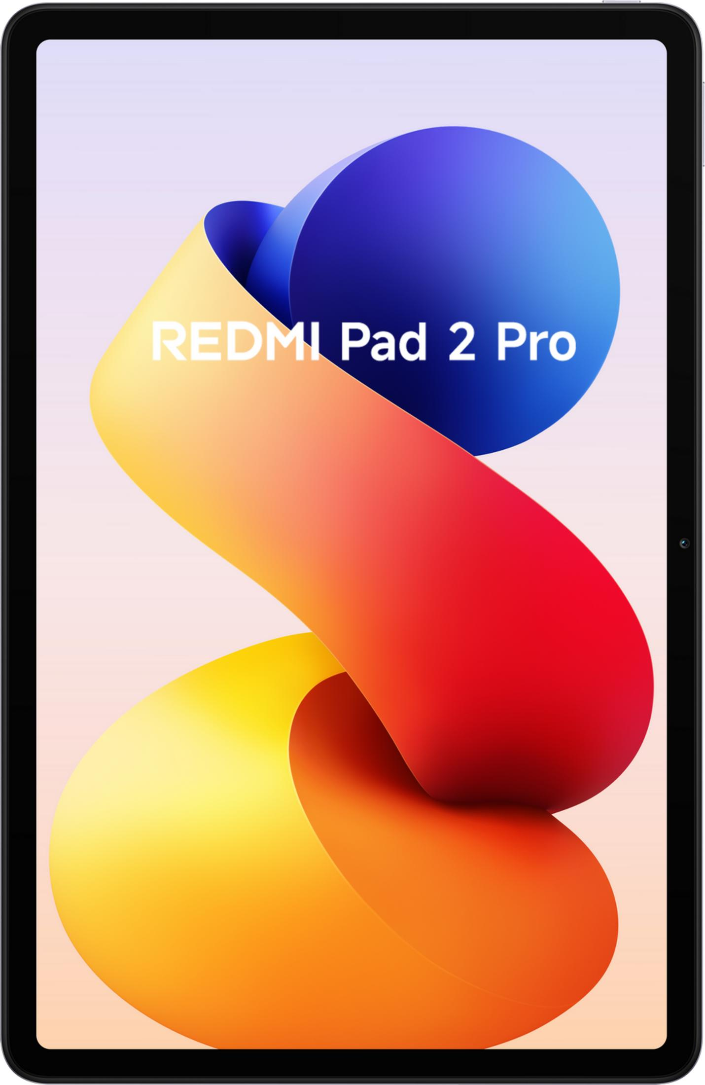 Tablet mostra testo REDMI Pad 2 Pro su un vortice astratto colorato.