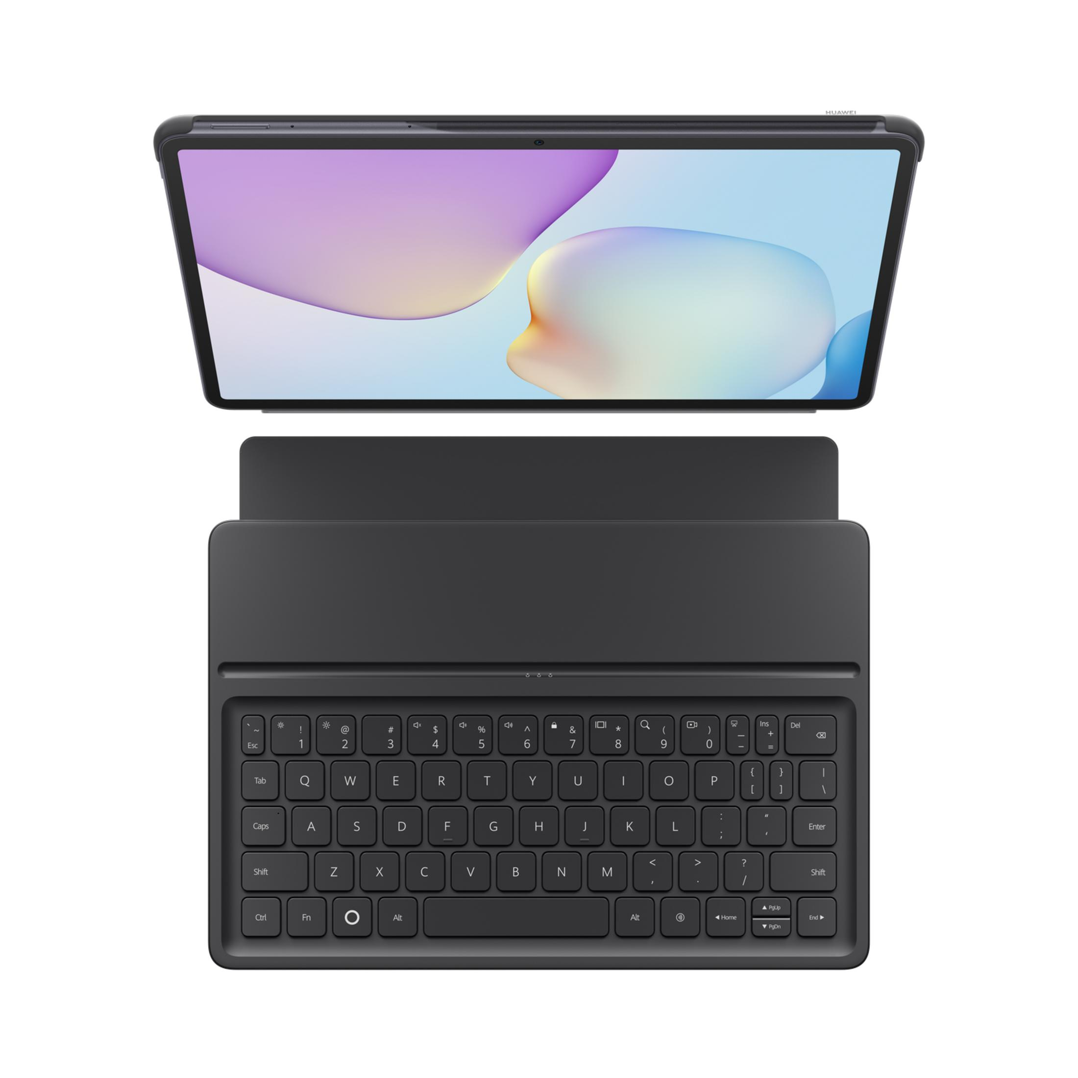 Un tablet nero con tastiera, su sfondo bianco.