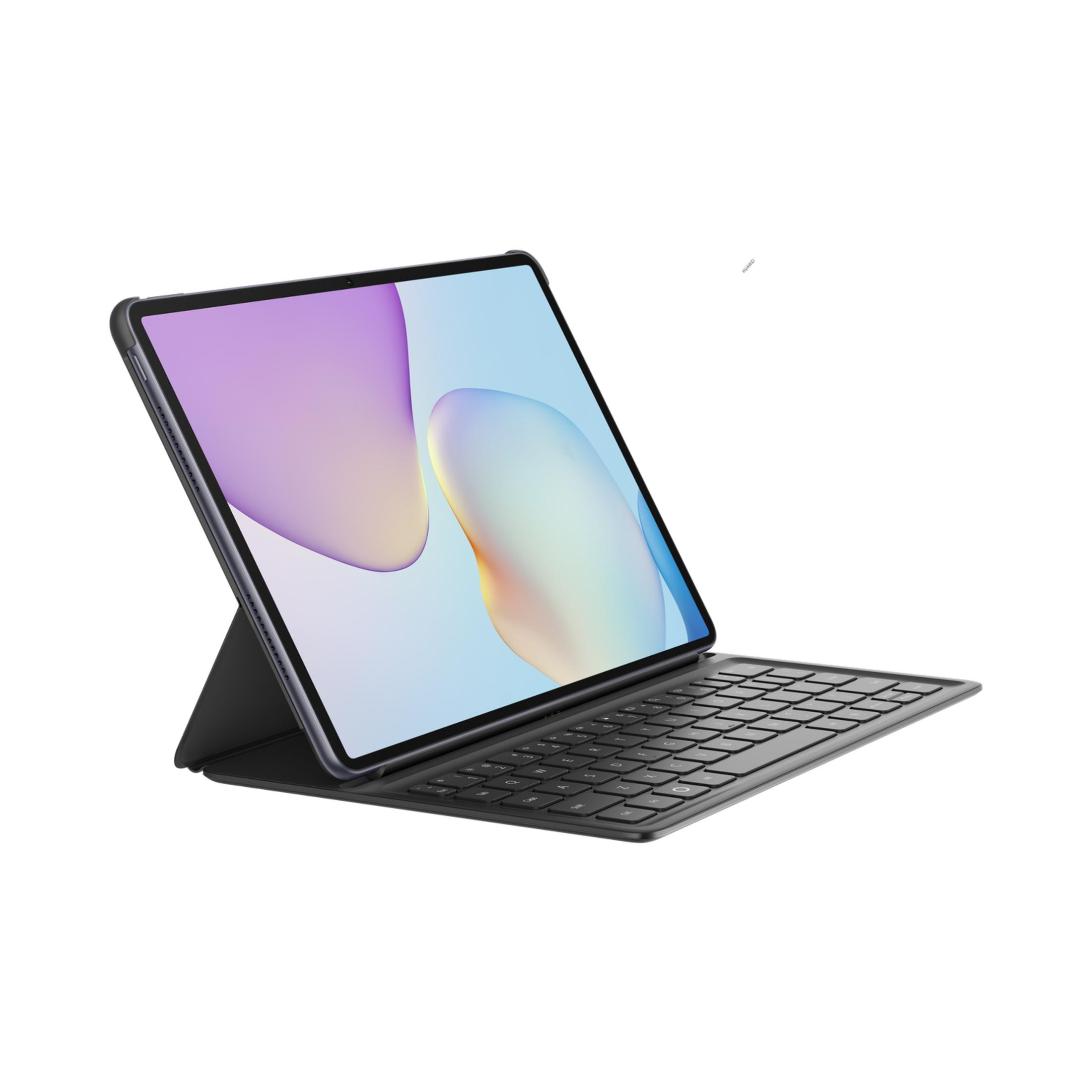 Un tablet grigio con tastiera e uno sfondo colorato.