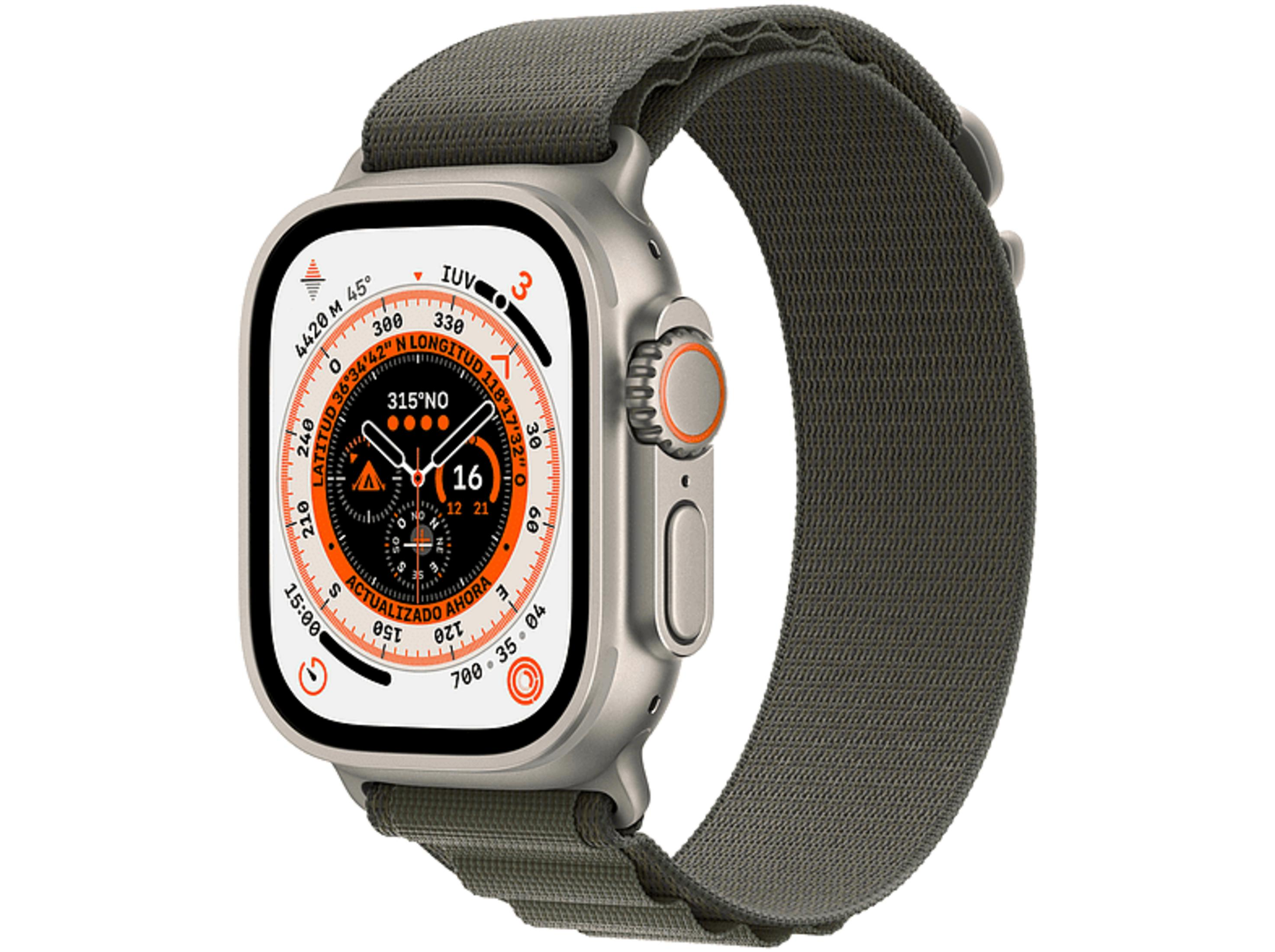 Eine graue Smartwatch mit digitalem Display, das einen Kompass und GPS-Daten zeigt.