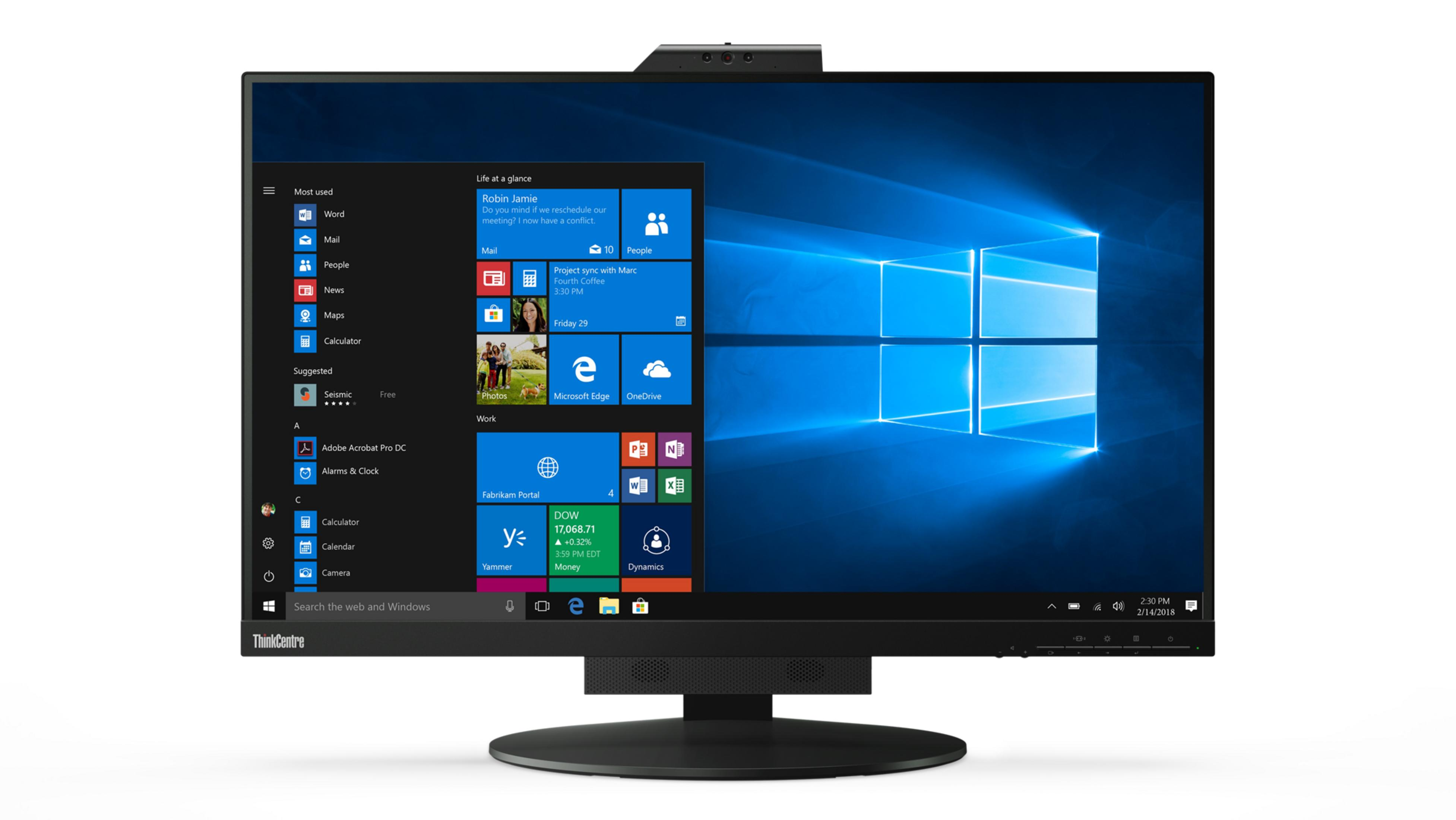 Ein ThinkCentre All-in-One-PC mit Windows-Startmenü und Bildschirmschoner.